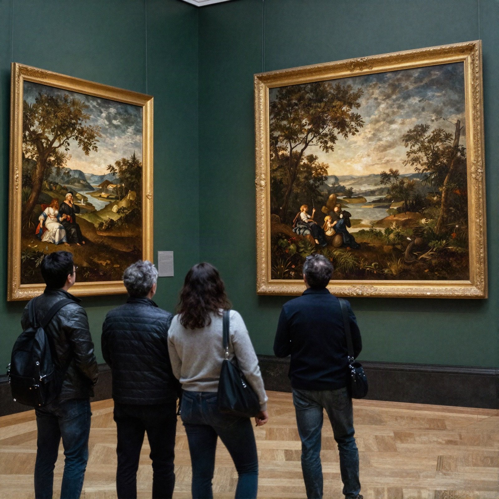 Visitors looking at framed Renaissance-style paintings