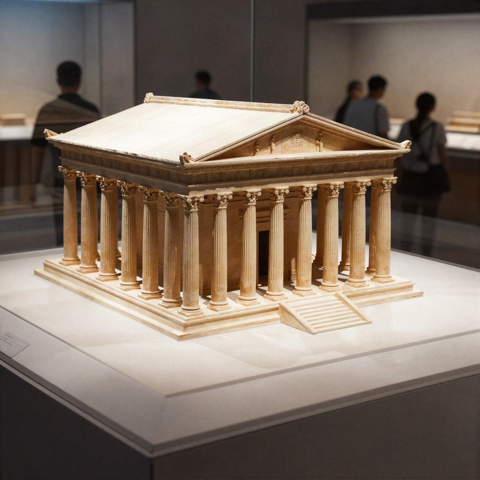 Scale model of an ancient temple in a museum display case