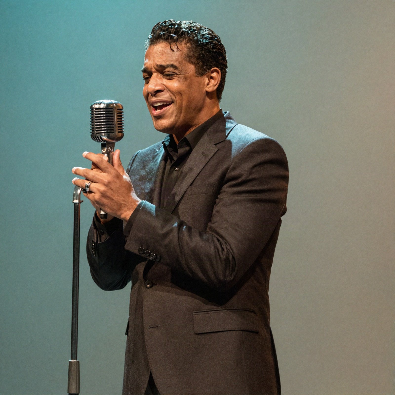 Jazz crooner singing into a vintage microphone