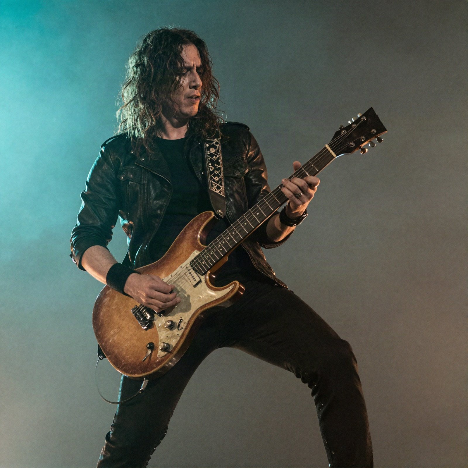 Guitarist playing an electric guitar on a hazy stage
