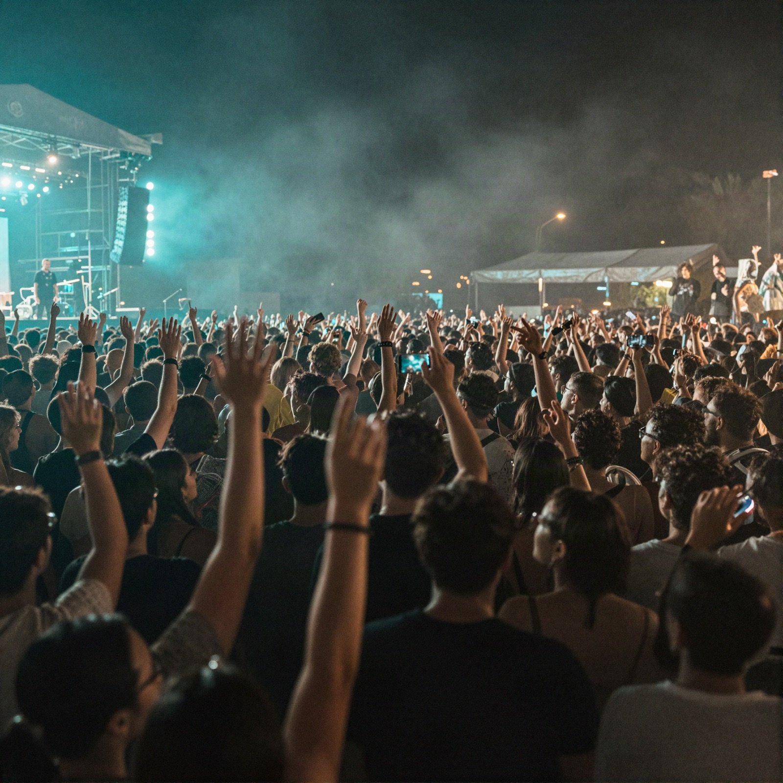 Festival crowd with raised hands under teal stage lights