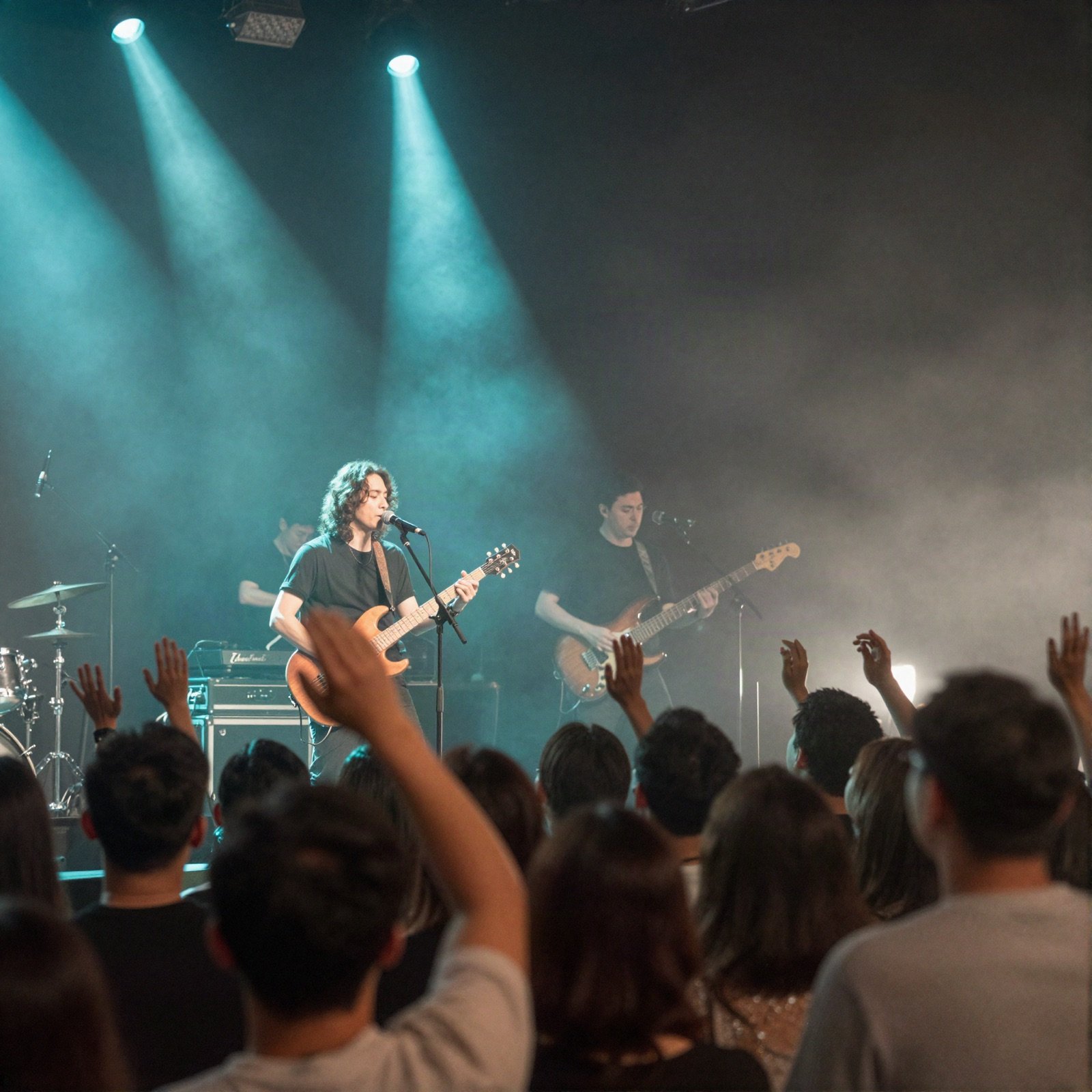Guitarist and band performing under teal spotlights above the crowd