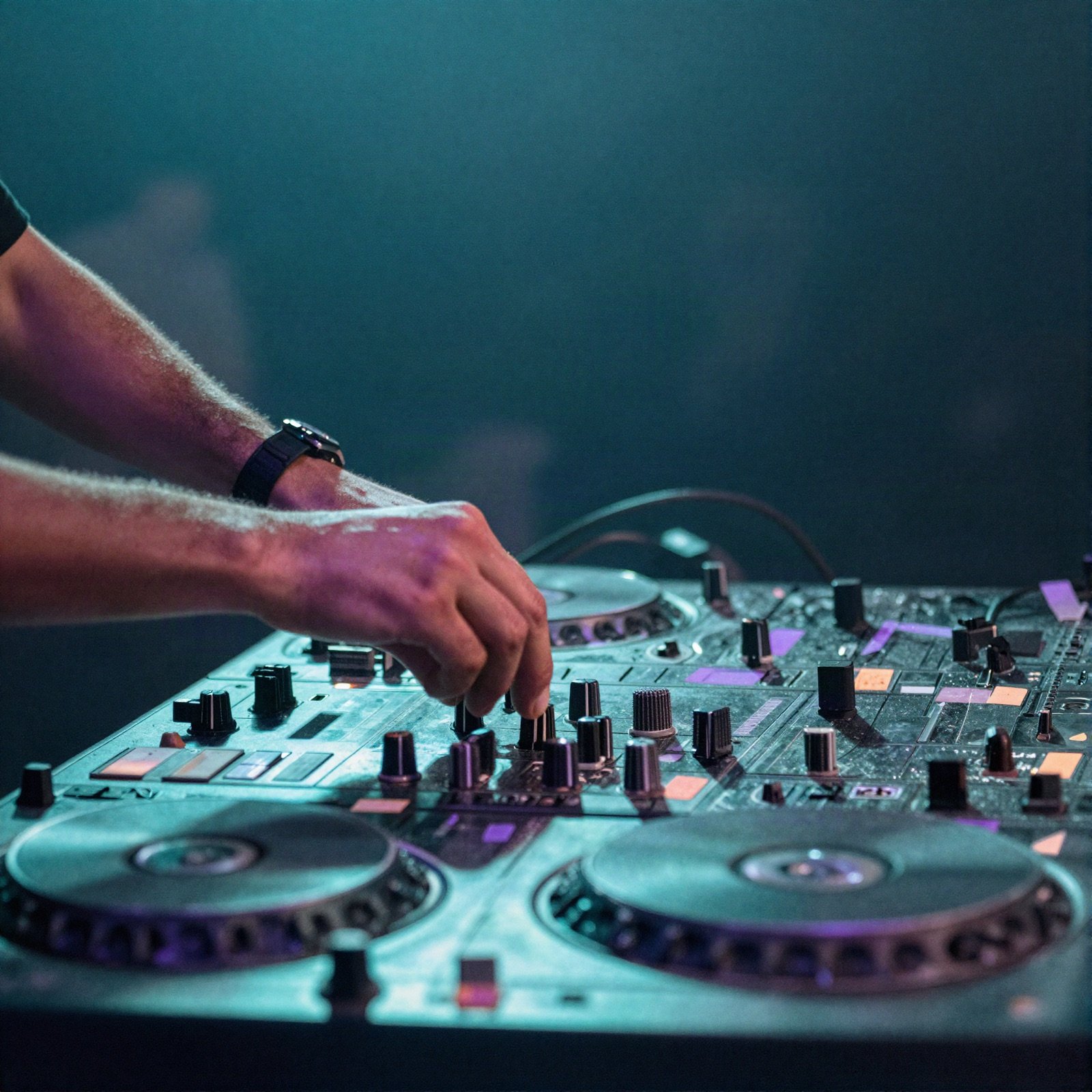 DJ hands on a mixing controller under teal and purple lights
