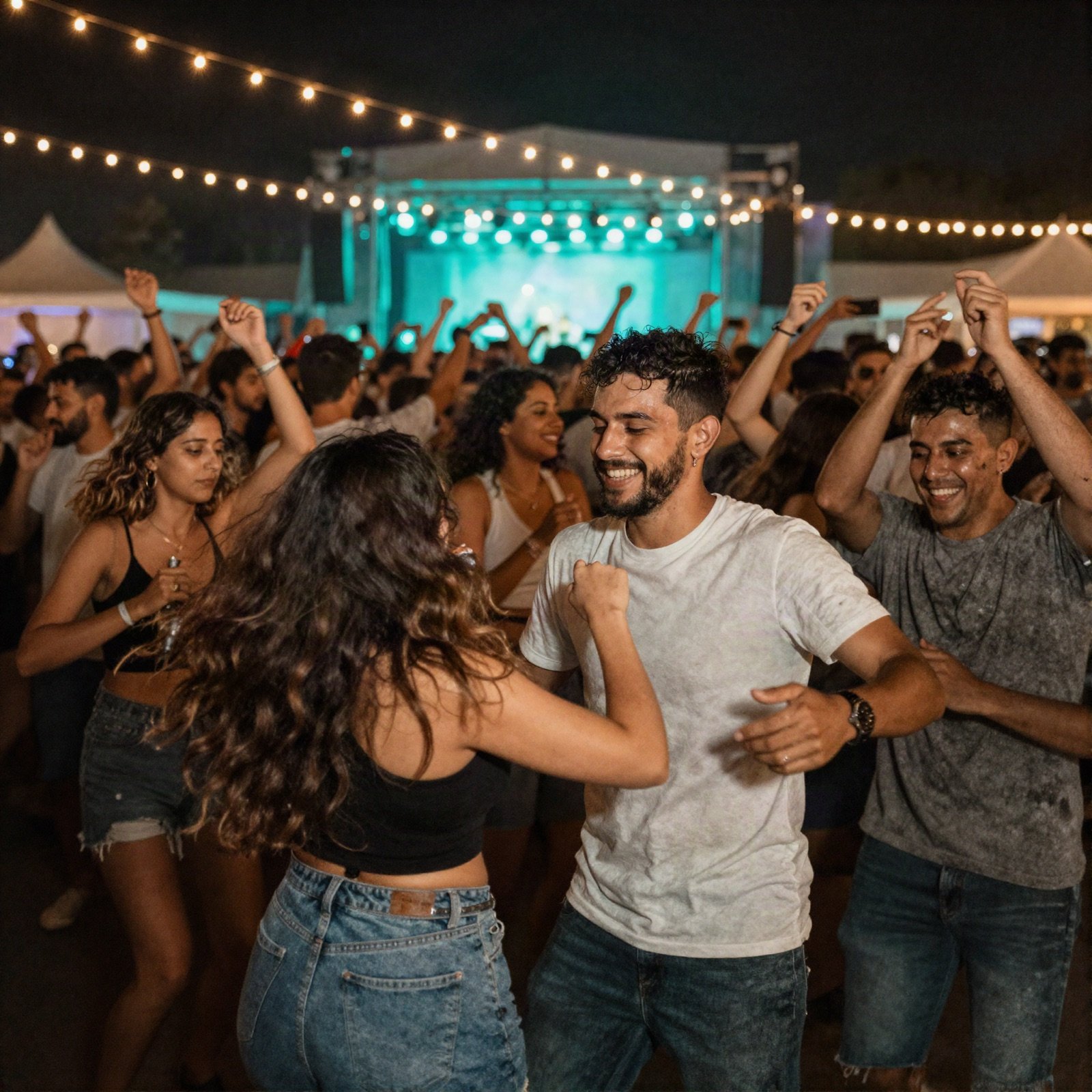 Friends dancing in a festival crowd under string lights