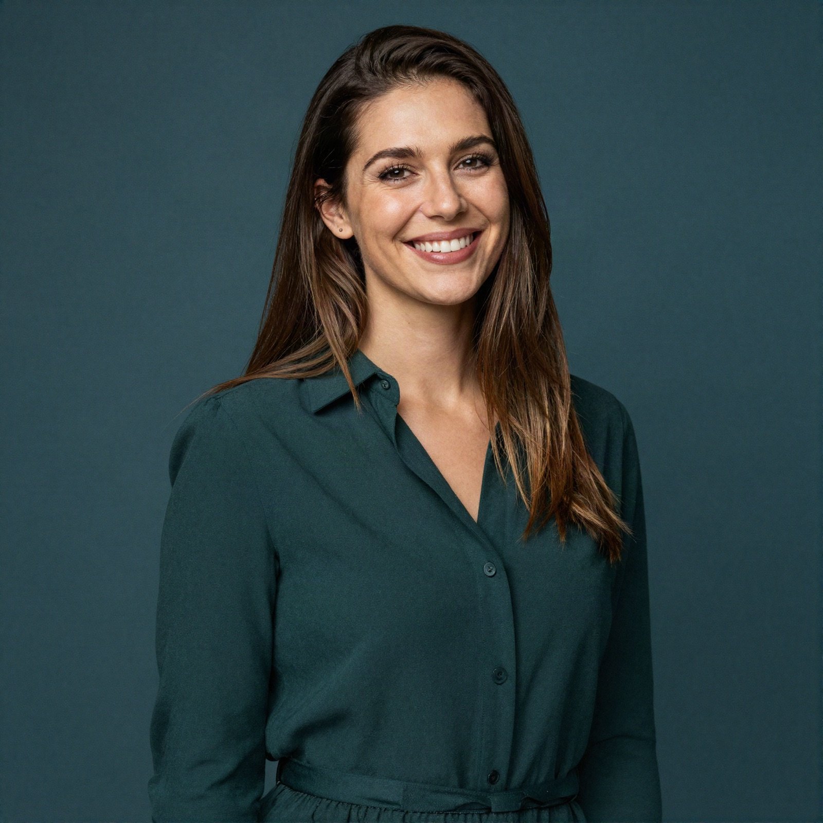 Smiling woman with long brown hair in a dark green blouse
