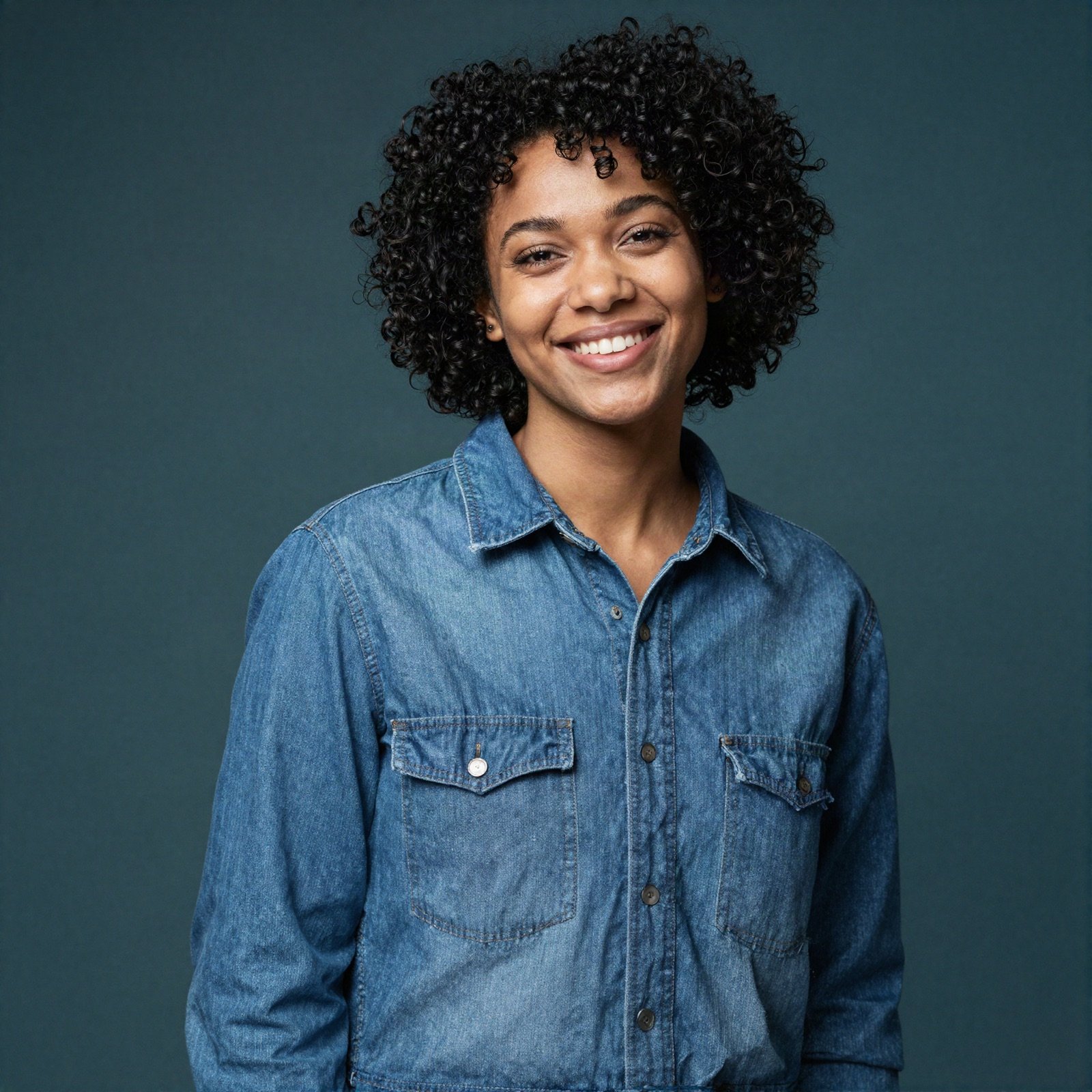 Smiling young woman with curly black hair in a denim shirt