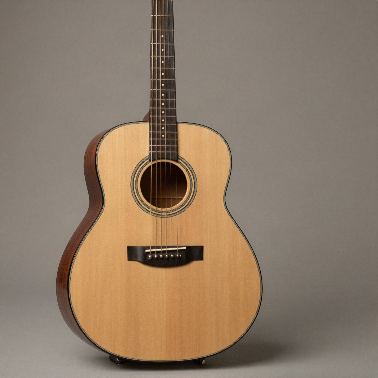 A natural spruce-top acoustic guitar standing on a plain grey background