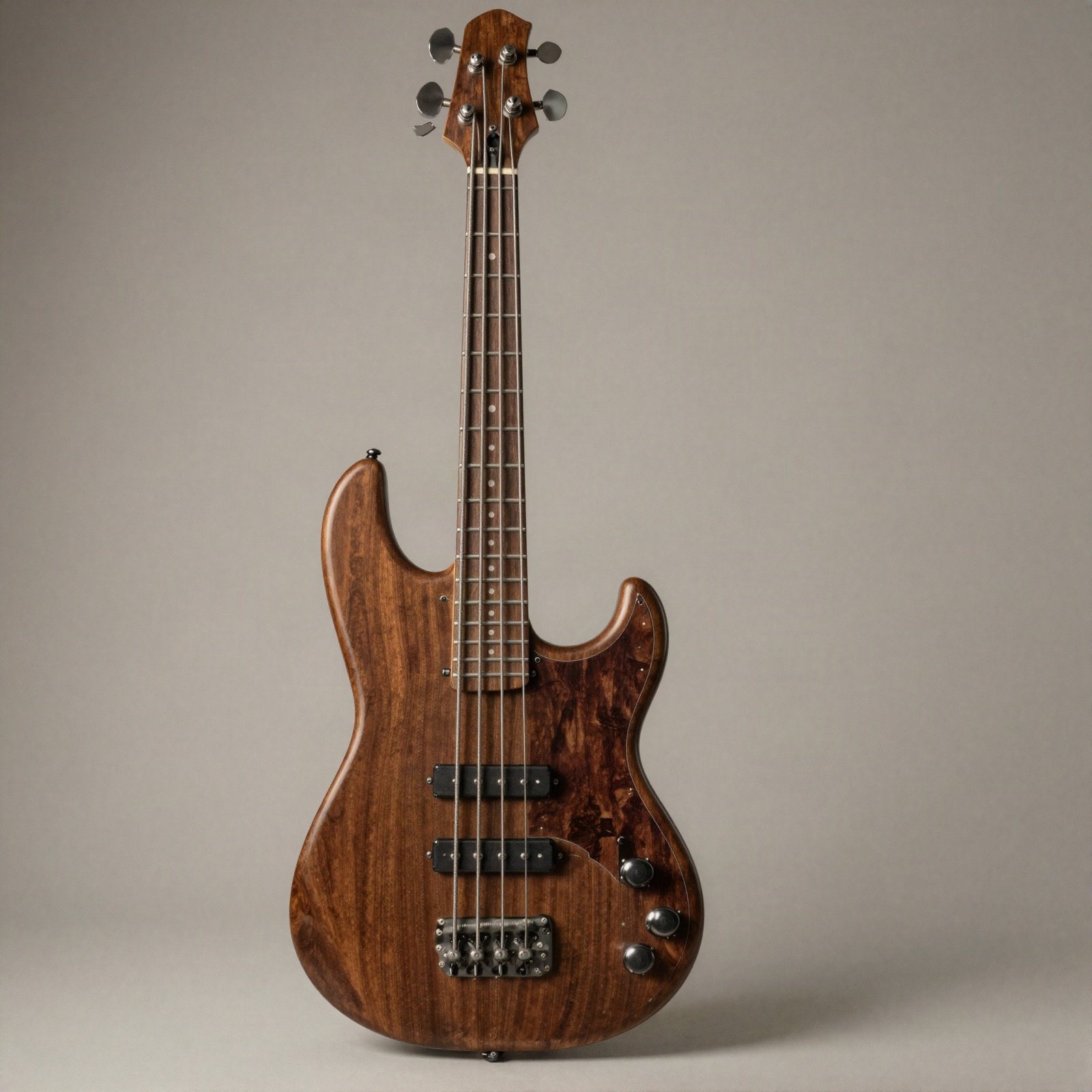 A four-string electric bass with a dark walnut body on a plain grey background
