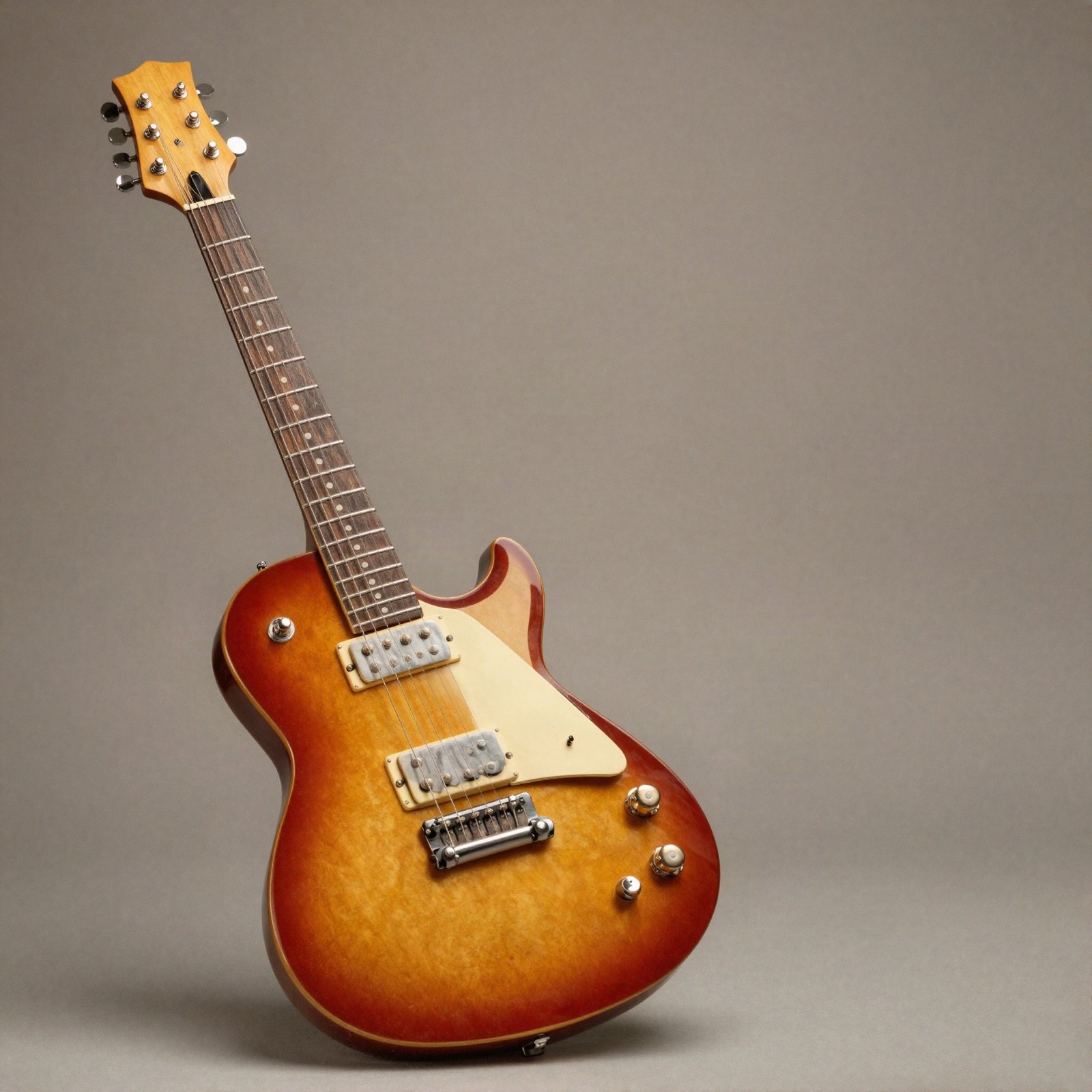 A cherry sunburst solid-body electric guitar leaning on a plain grey background