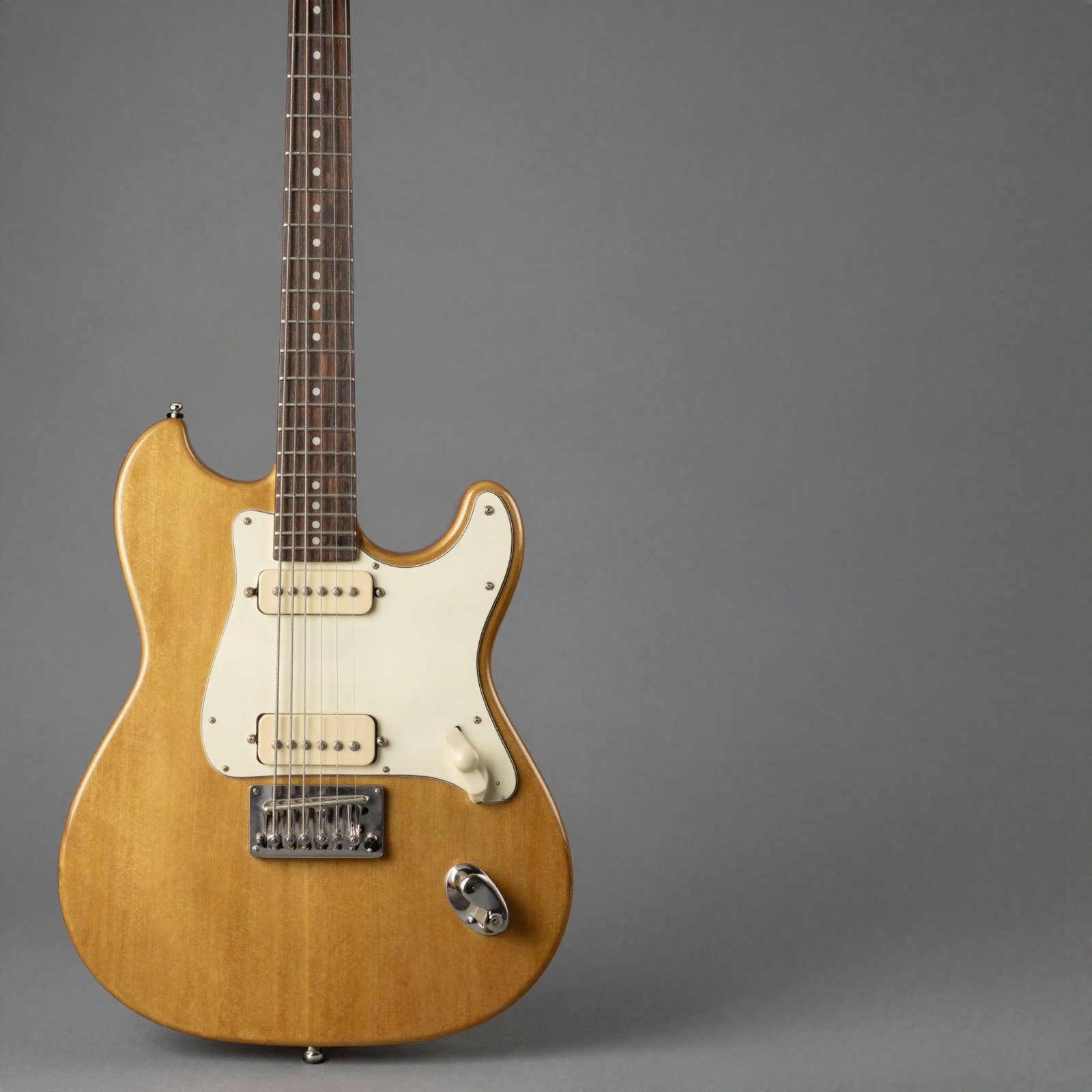 A natural gold-finish electric guitar with a cream pickguard on a plain grey background