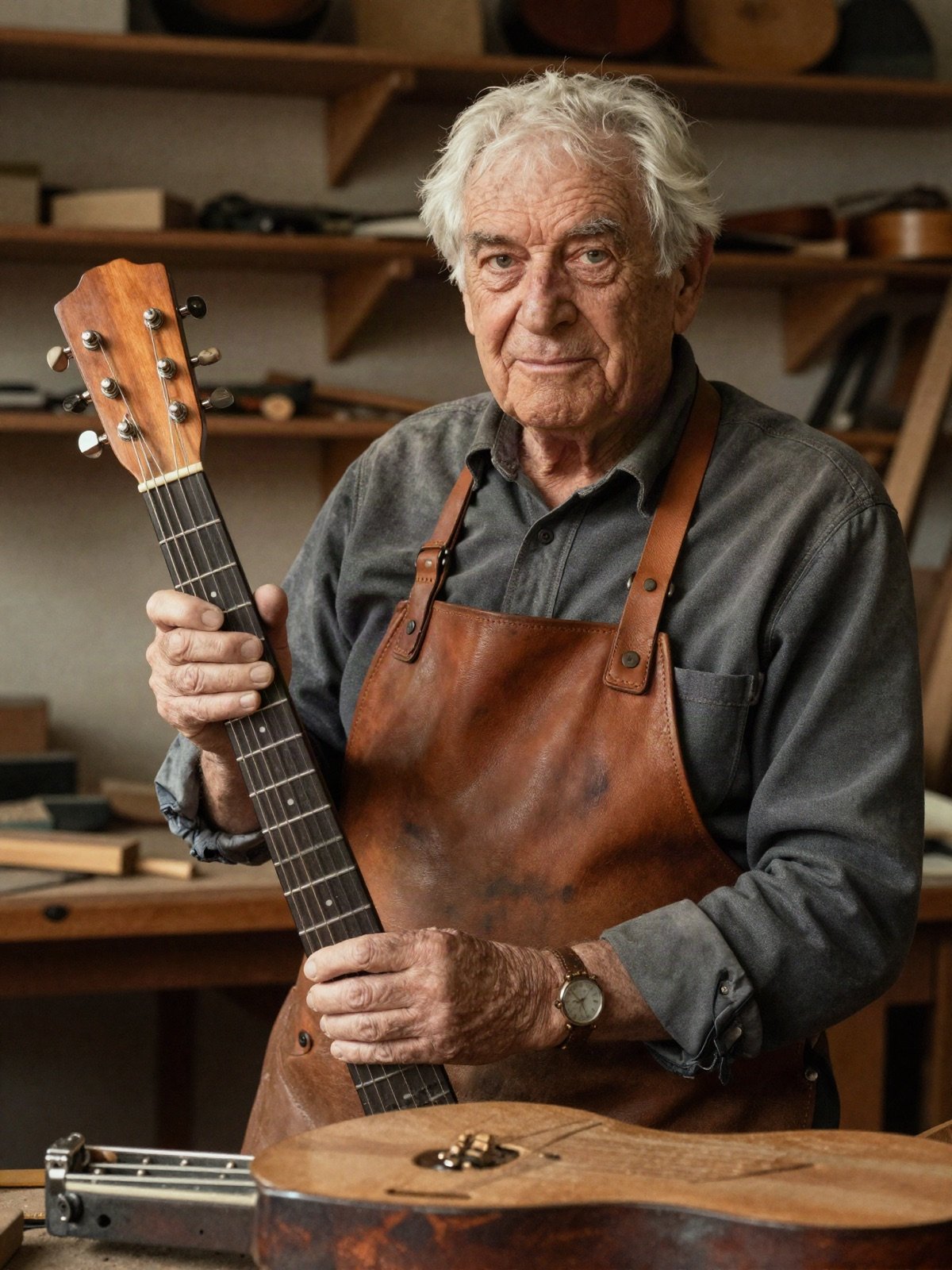 An elderly luthier in a leather apron holding a guitar neck in his workshop