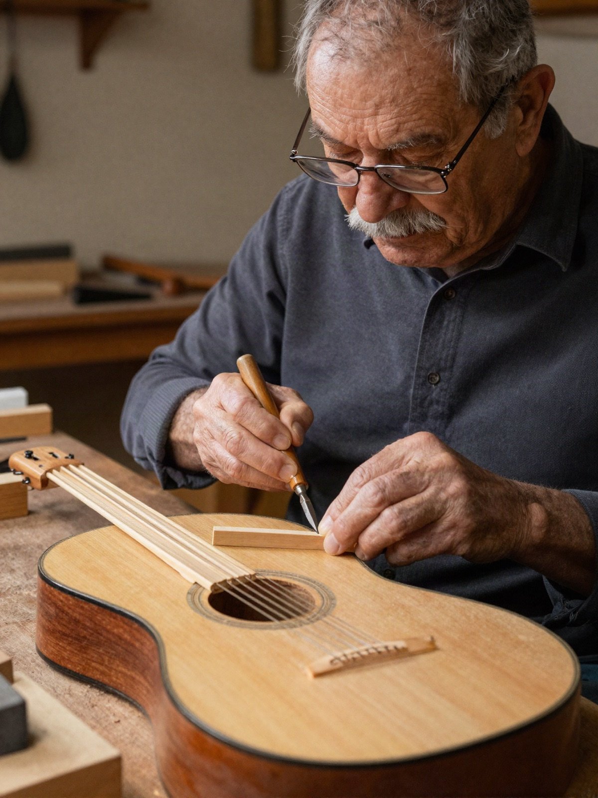 A luthier with glasses carving guitar bracing at the workbench