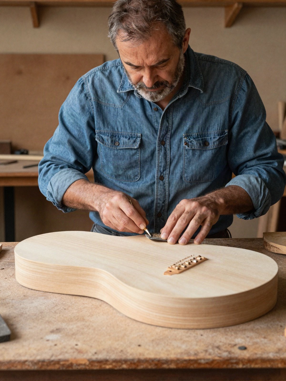 A guitar maker sanding a raw guitar body at the workbench