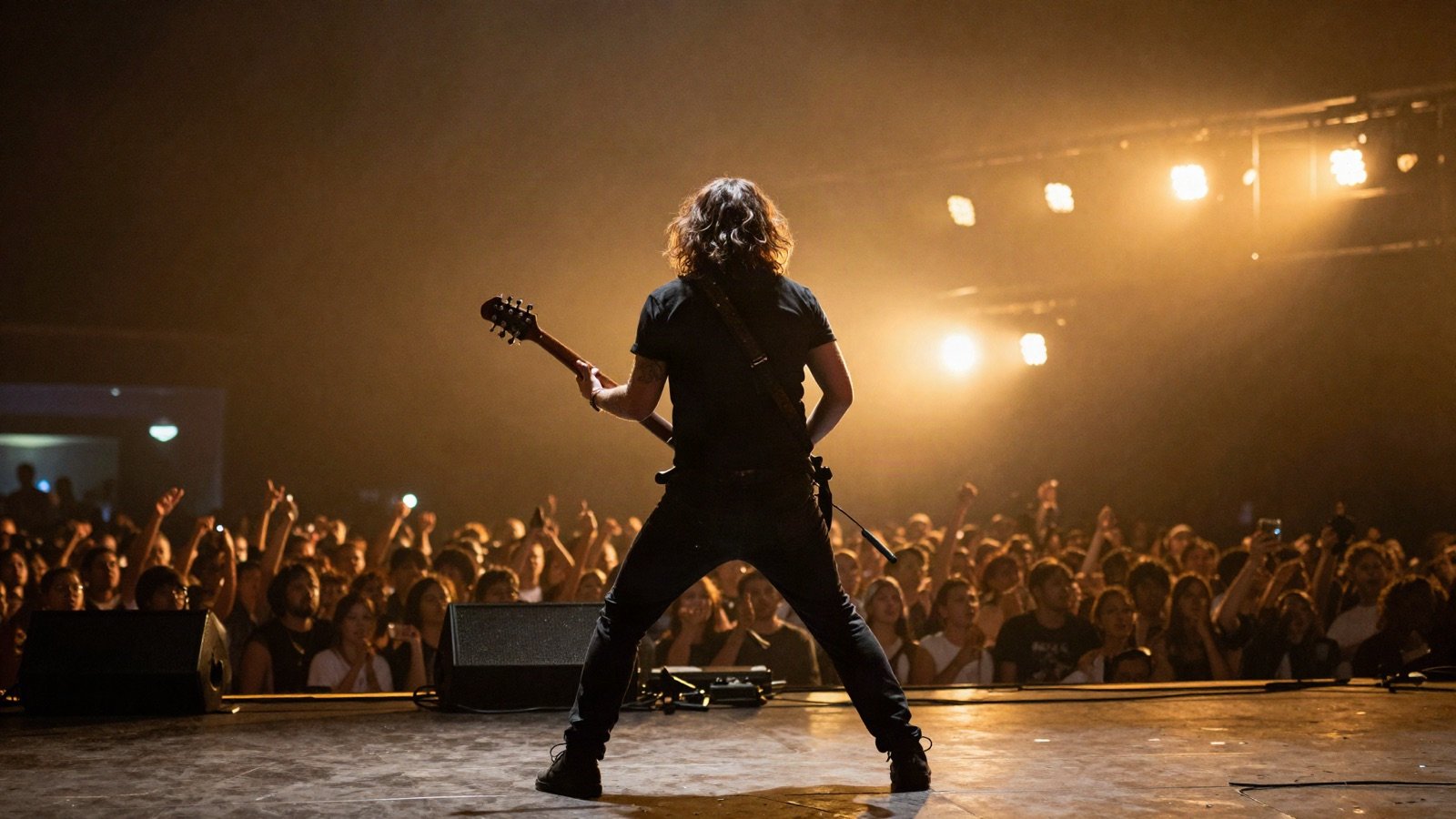 A guitarist performing under gold stage lights in front of a crowd