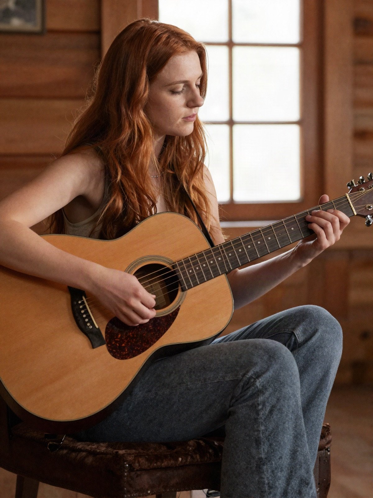 A folk singer with long auburn hair playing an acoustic guitar by a window