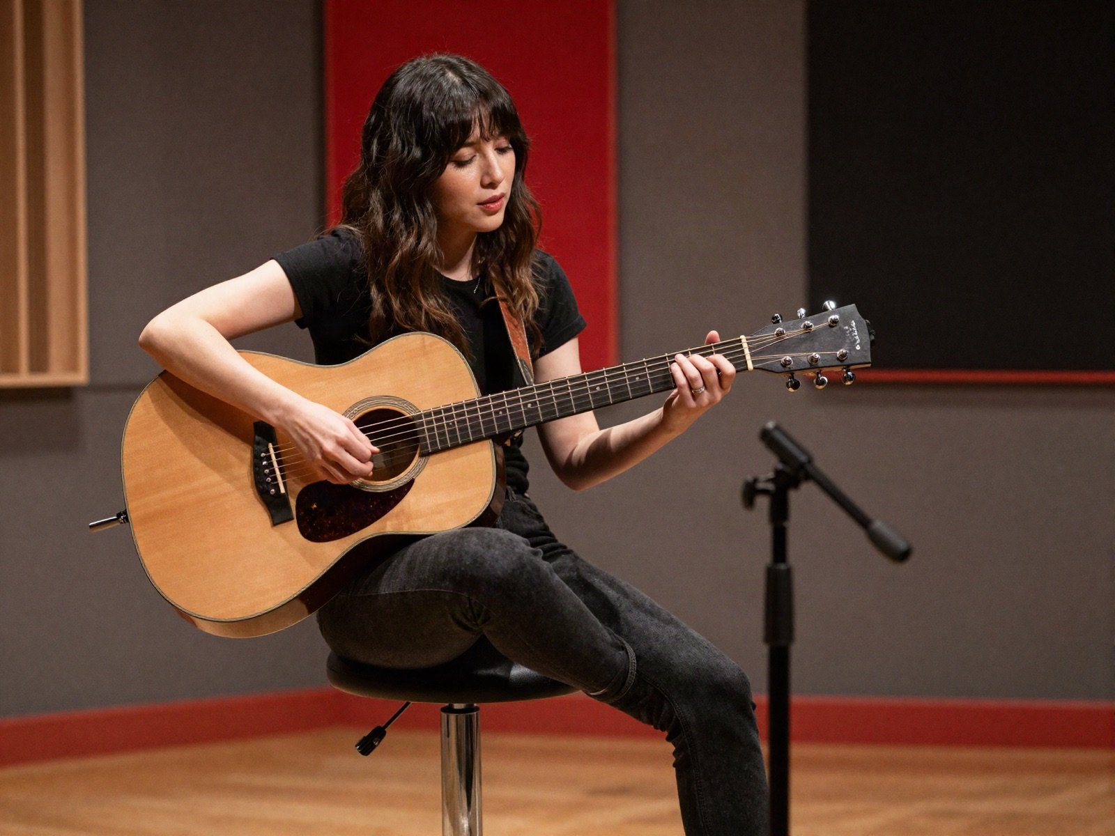 A singer-songwriter playing an acoustic guitar on a stool in a recording studio
