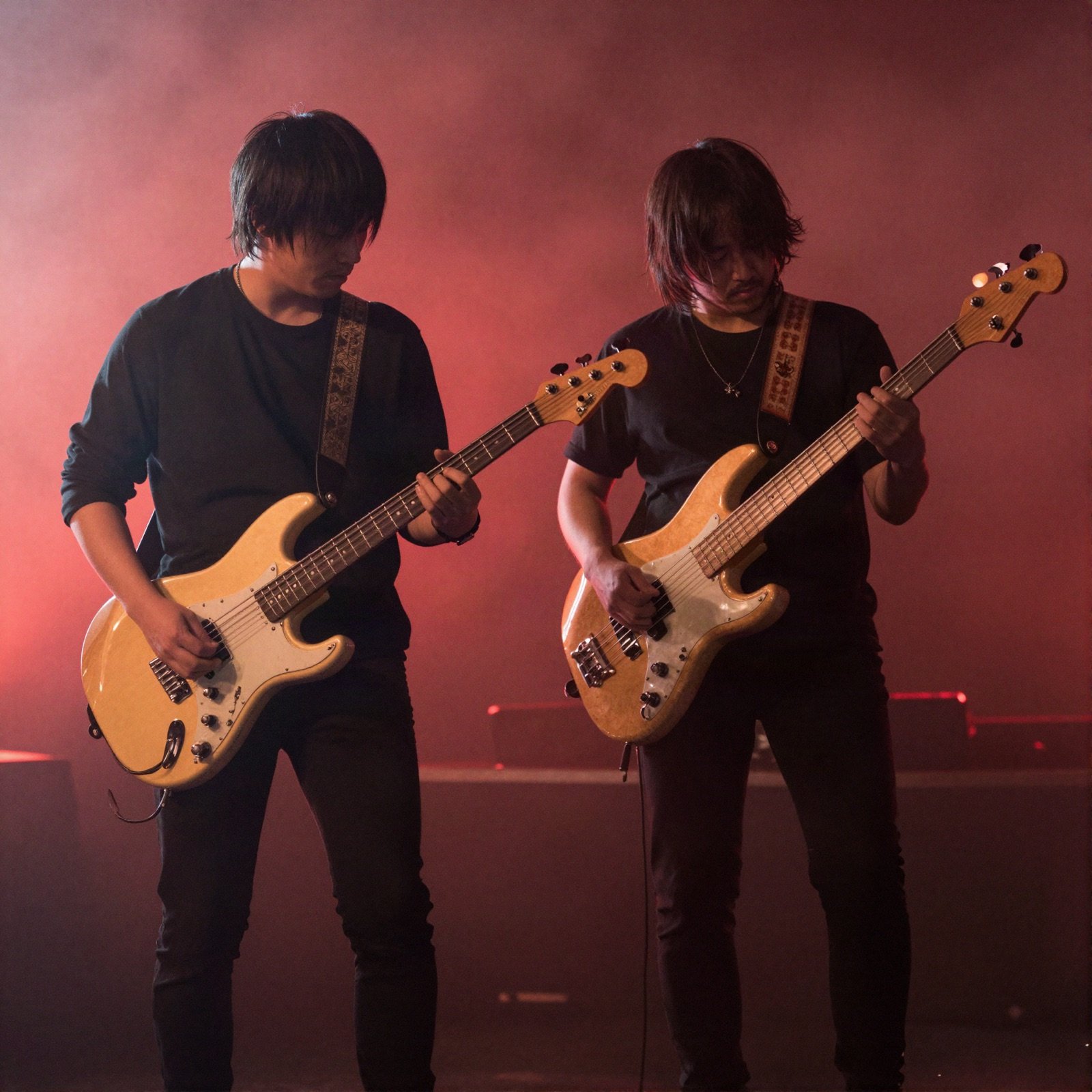 Two band members playing electric guitar and bass on a hazy red stage