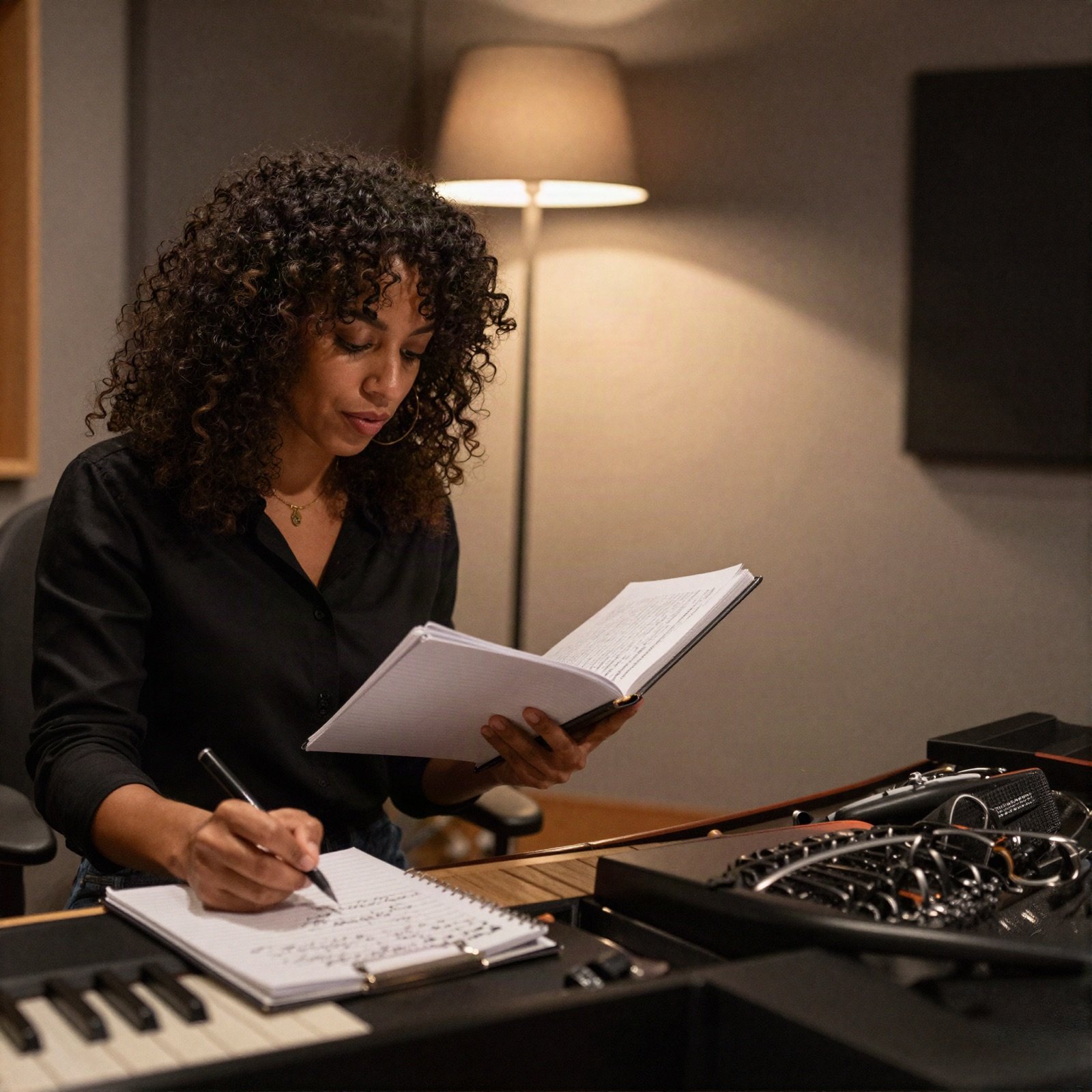 The singer writing lyrics in a notebook at a keyboard in the studio
