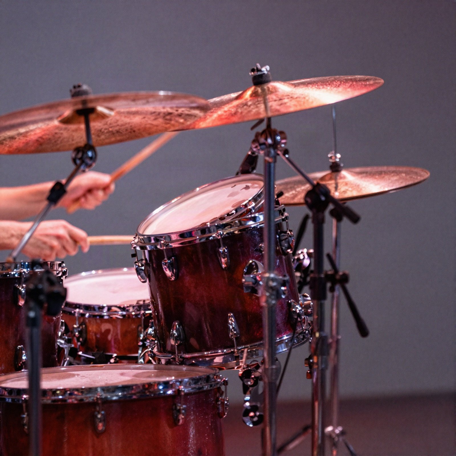A drummer playing a dark red drum kit with cymbals