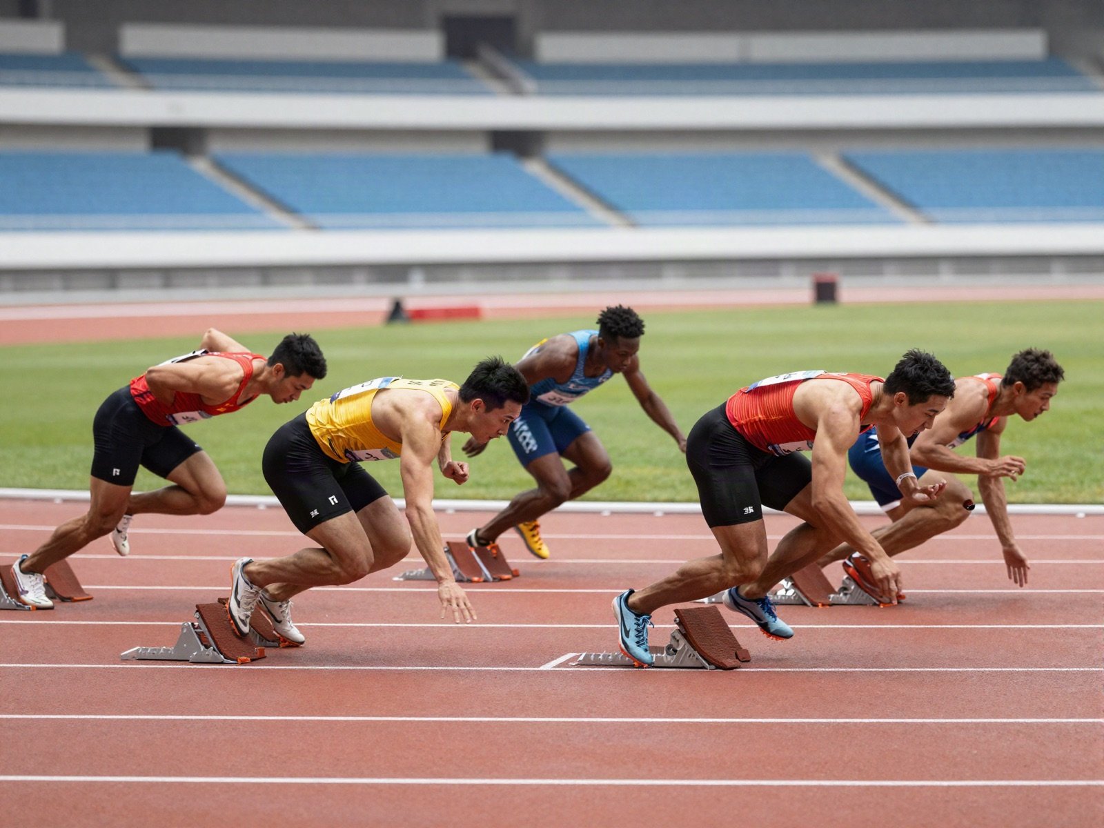 Sprinters pushing out of their starting blocks on a red stadium running track