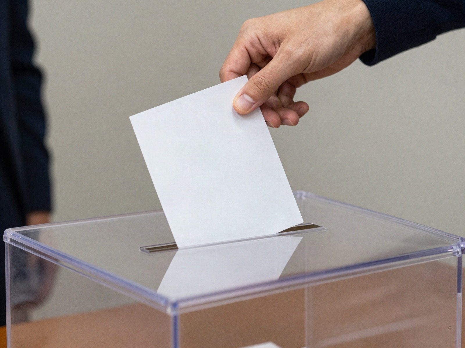 A hand dropping a folded paper ballot into a clear ballot box