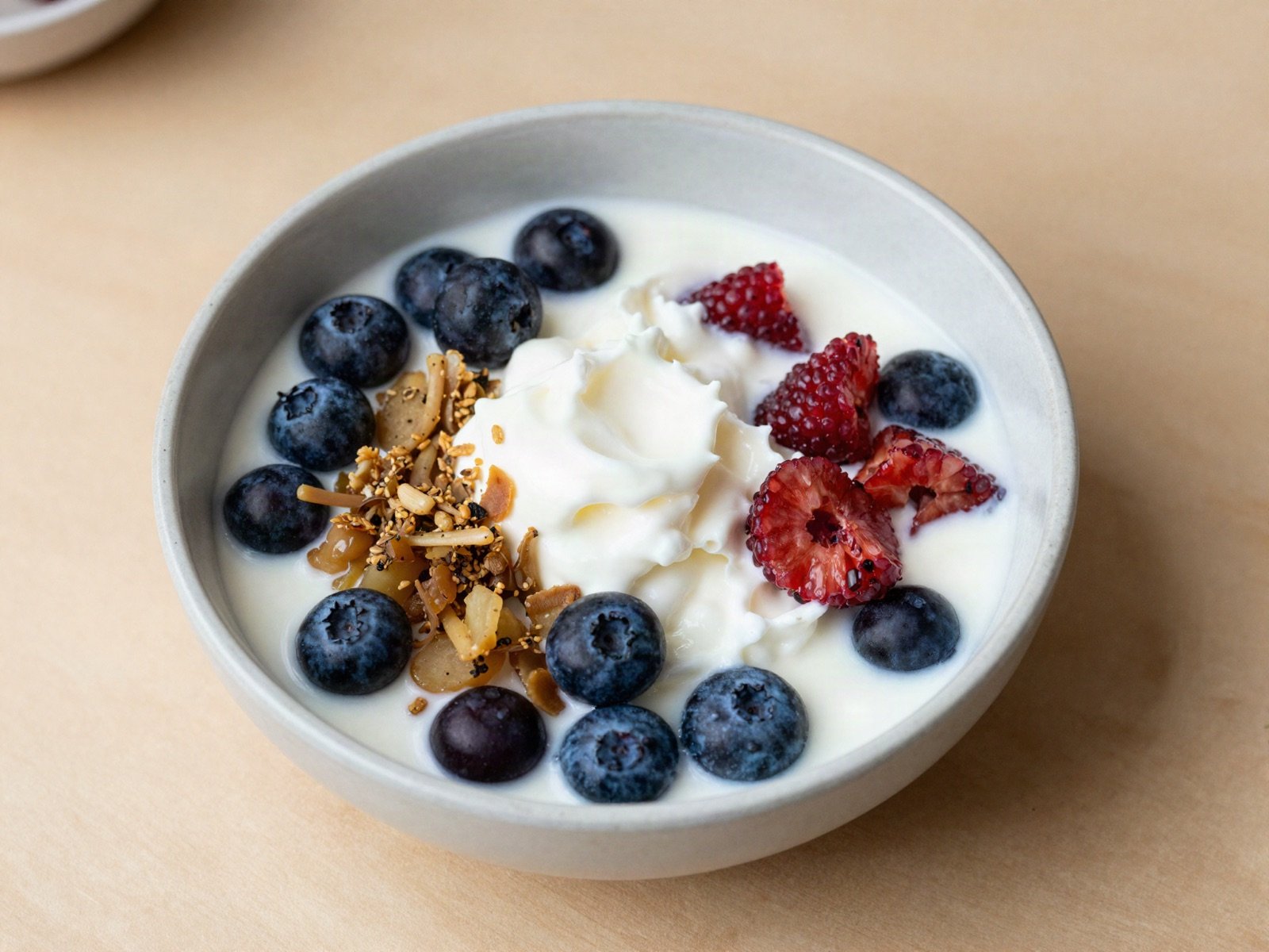 A bowl of yogurt topped with blueberries, raspberries and toasted nuts
