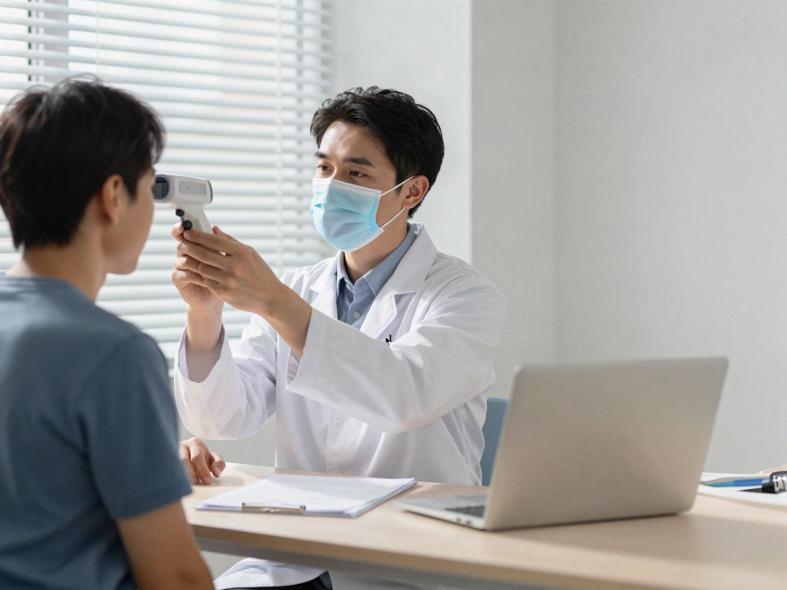 A masked doctor checking a patient's temperature in a sunlit clinic