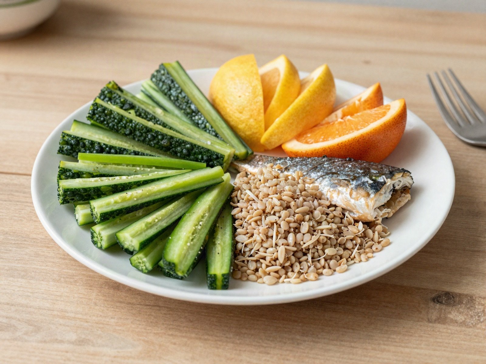 A balanced plate of cucumber, citrus, whole grains and fish on a wooden table