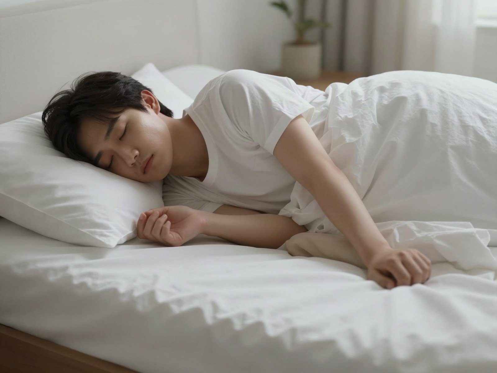 A young man sleeping peacefully in a bed with white linen
