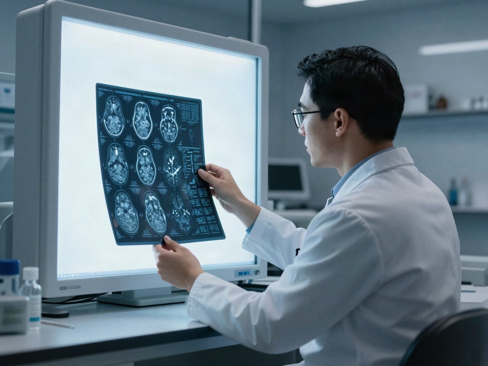 A neuroscientist studying brain MRI scans on a lightbox