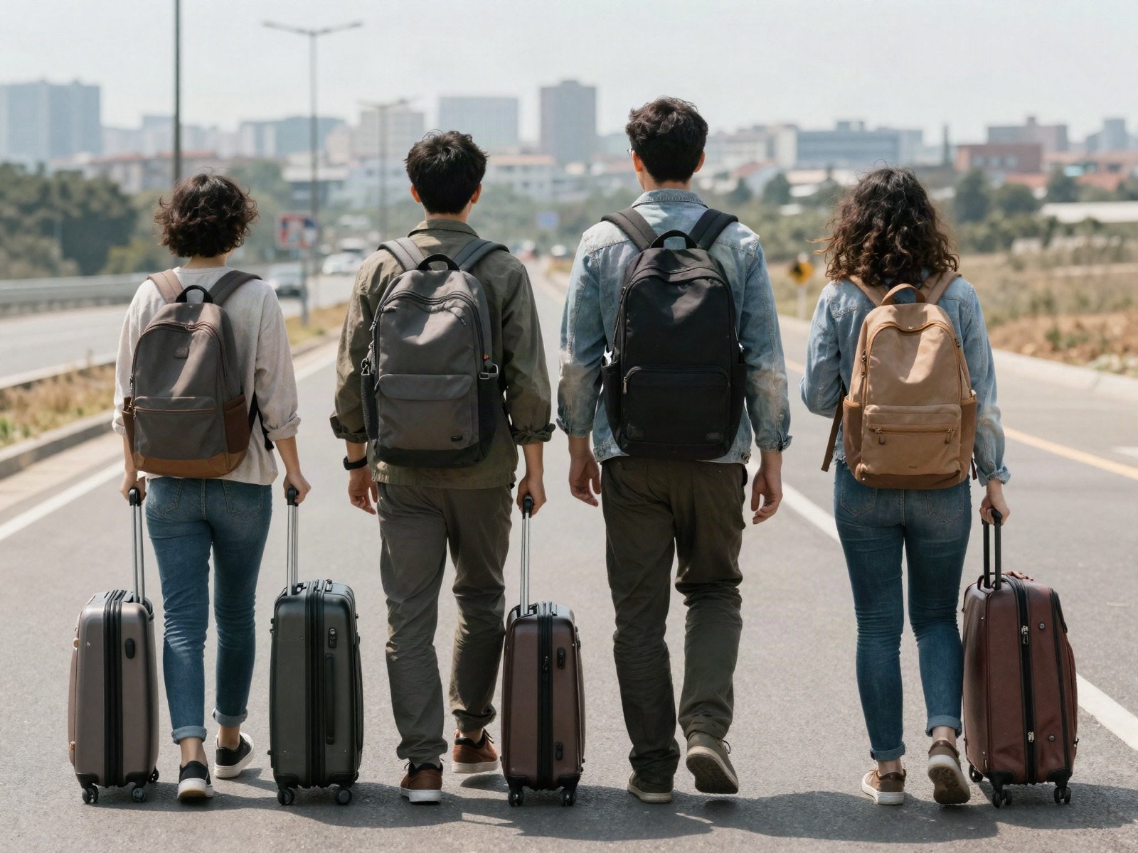 A group of travellers with backpacks and suitcases walking along a road toward a city