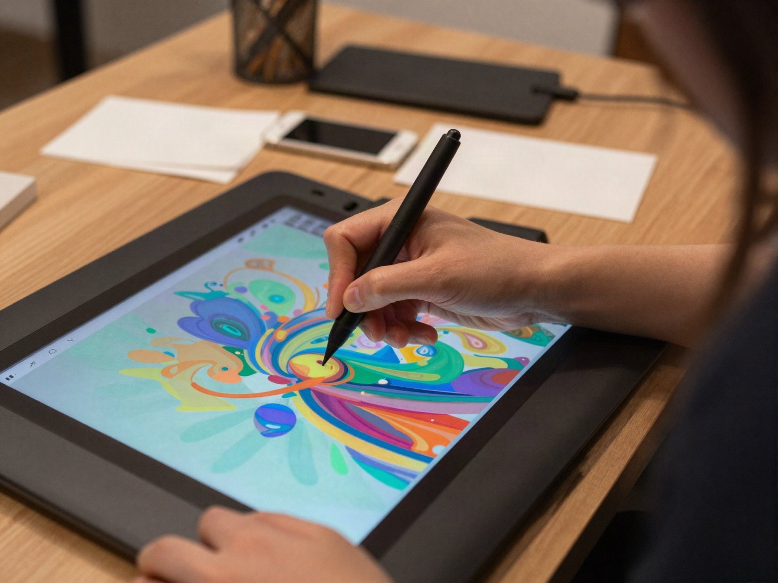 A digital artist drawing a colourful abstract design on a graphics tablet