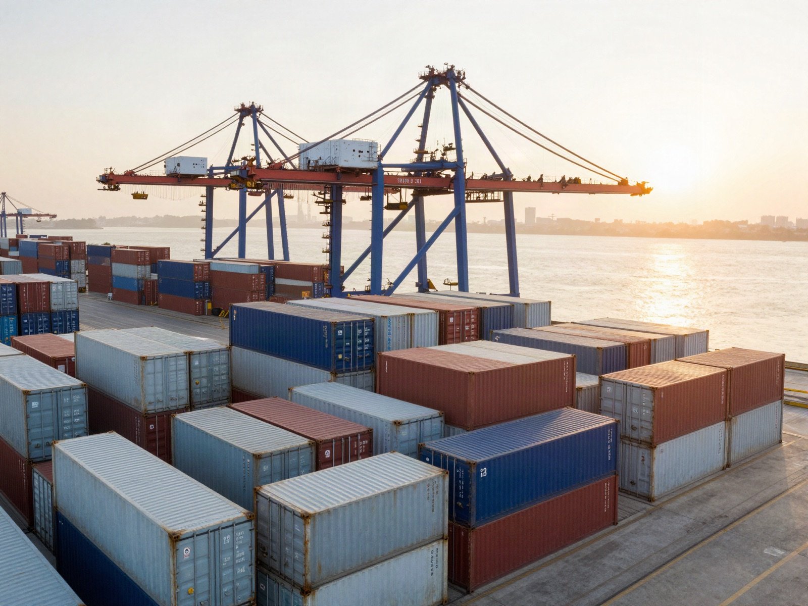 A container port with stacked shipping containers and cranes at sunrise