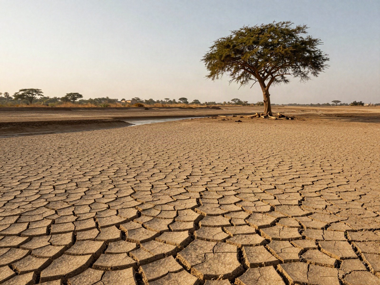 A cracked dry riverbed with a lone tree under a hazy sky