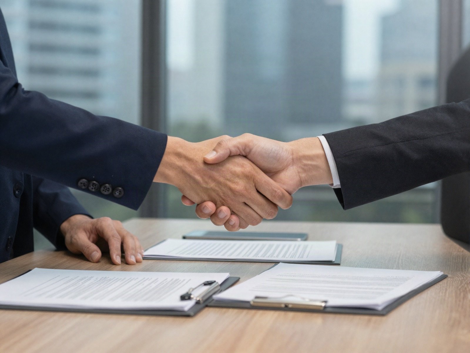 Two business people shaking hands over documents in an office