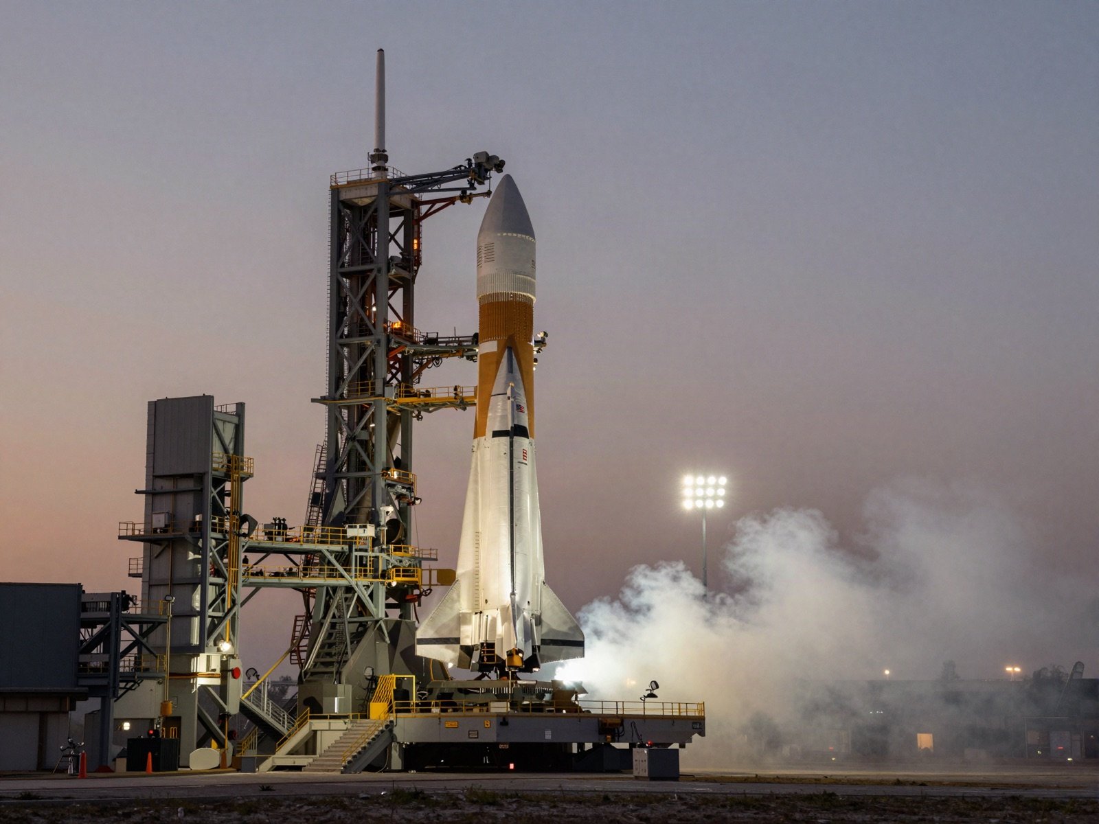 A rocket on a launch pad at dusk with vapour and floodlights