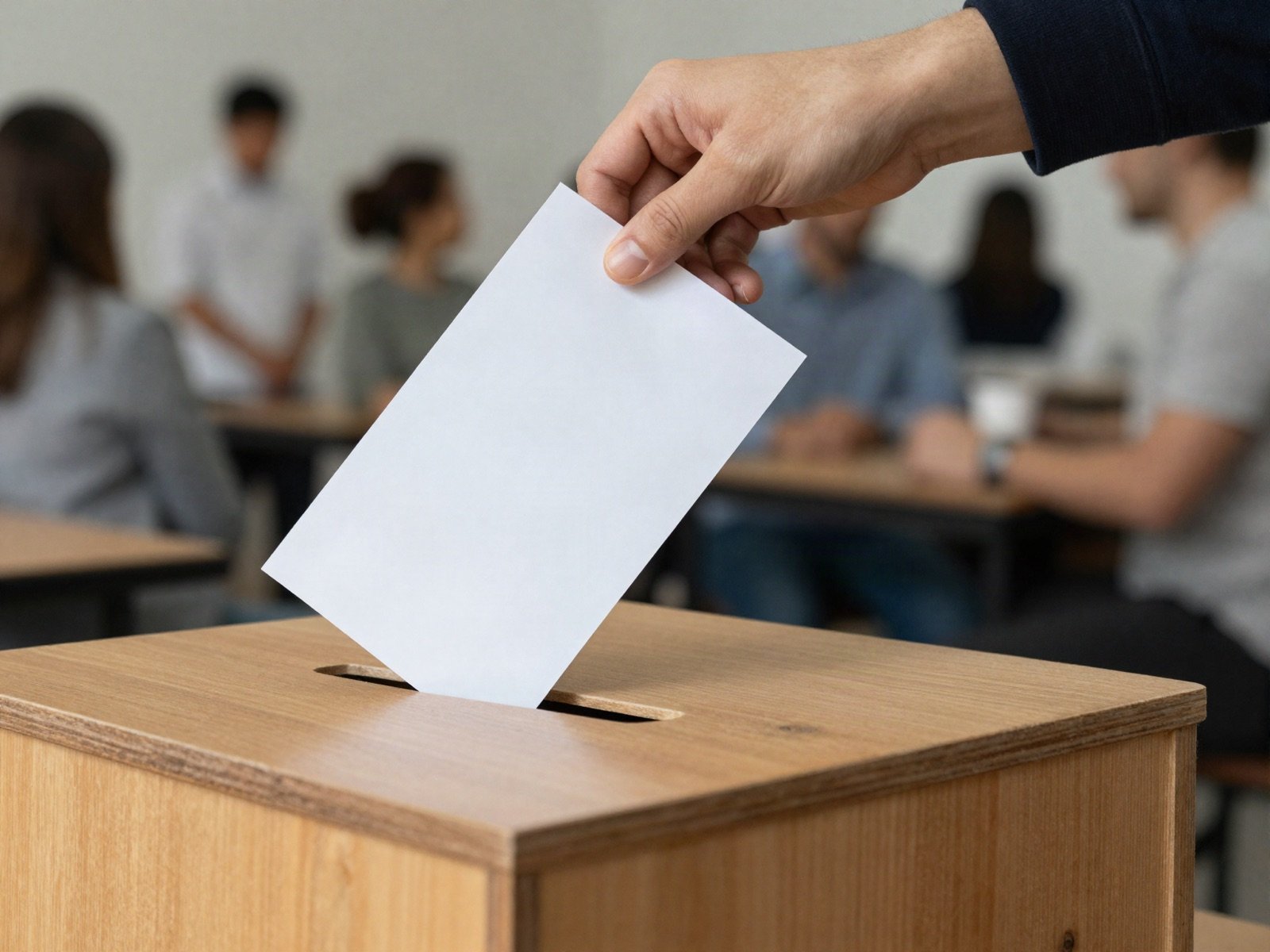 A hand dropping a folded paper ballot into a wooden ballot box