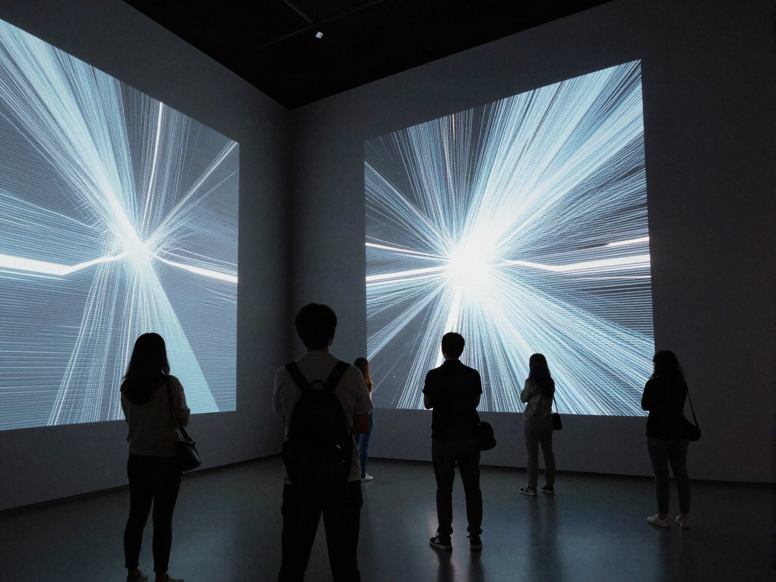 Visitors viewing large glowing digital artworks projected in a dark gallery
