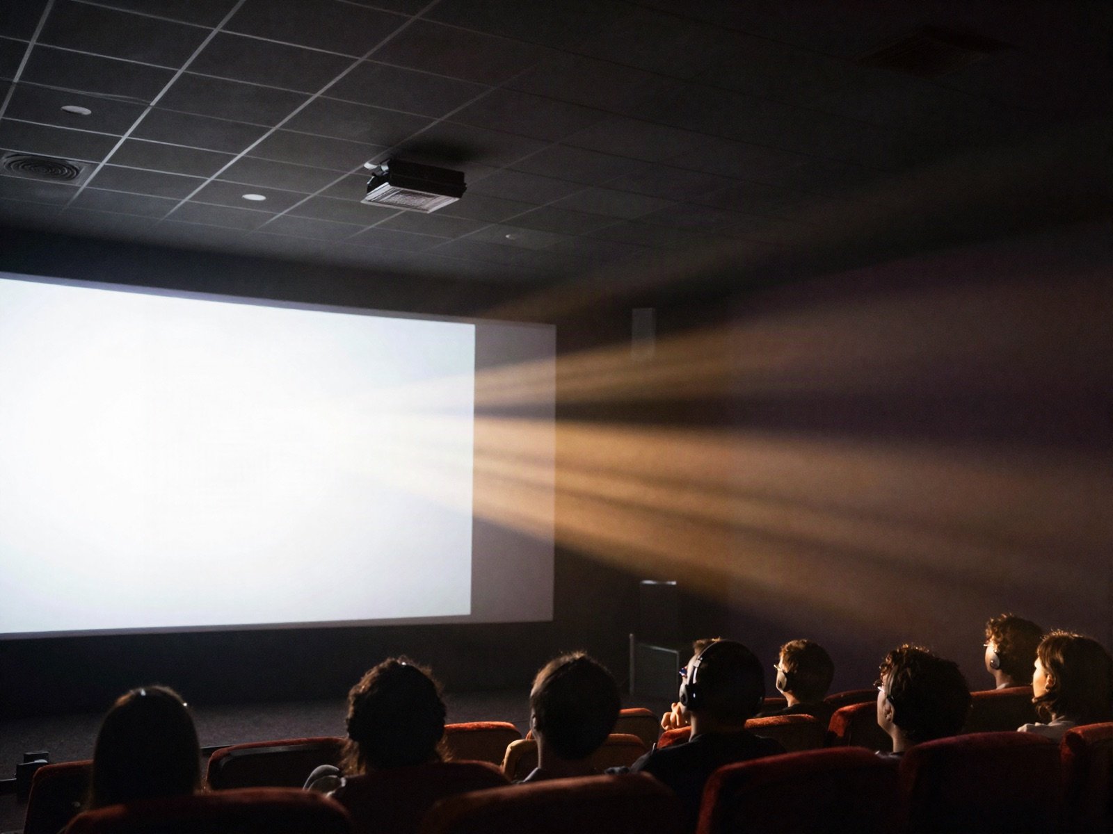 An audience watching a bright screen in a dark cinema hall
