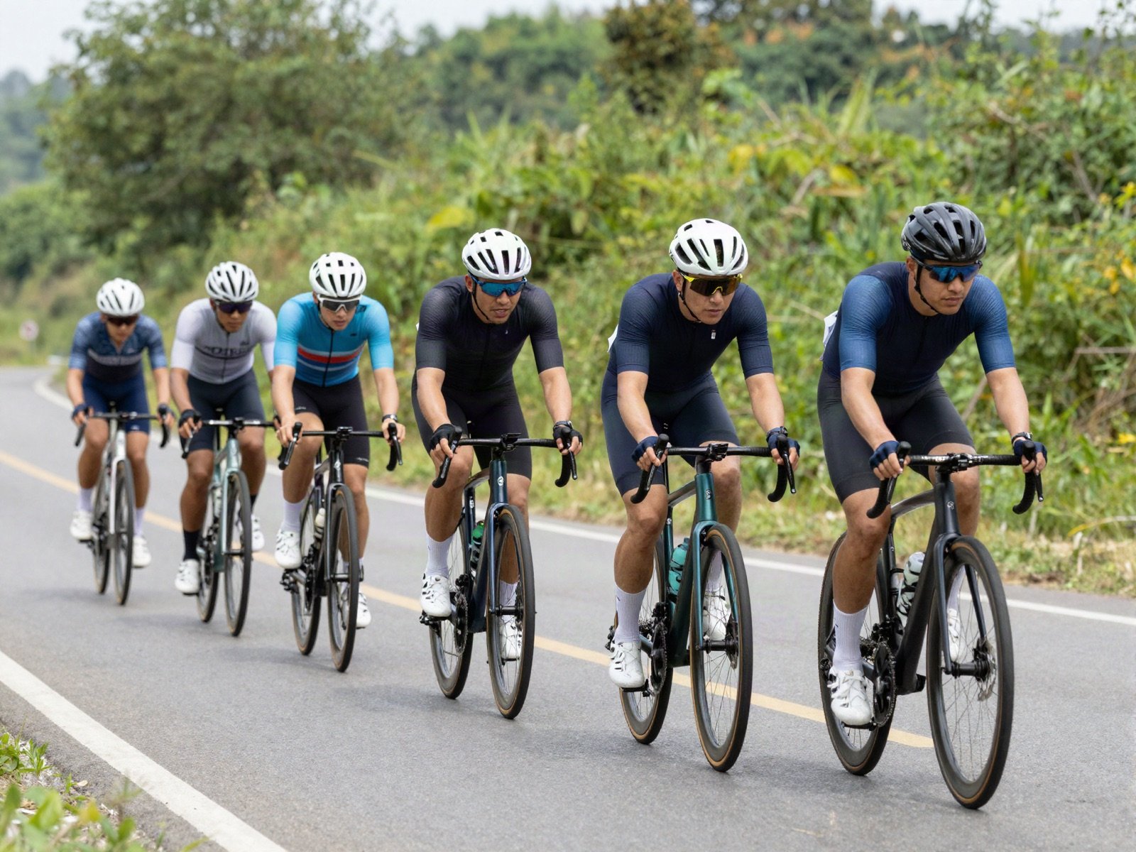 A group of road cyclists racing along a country road