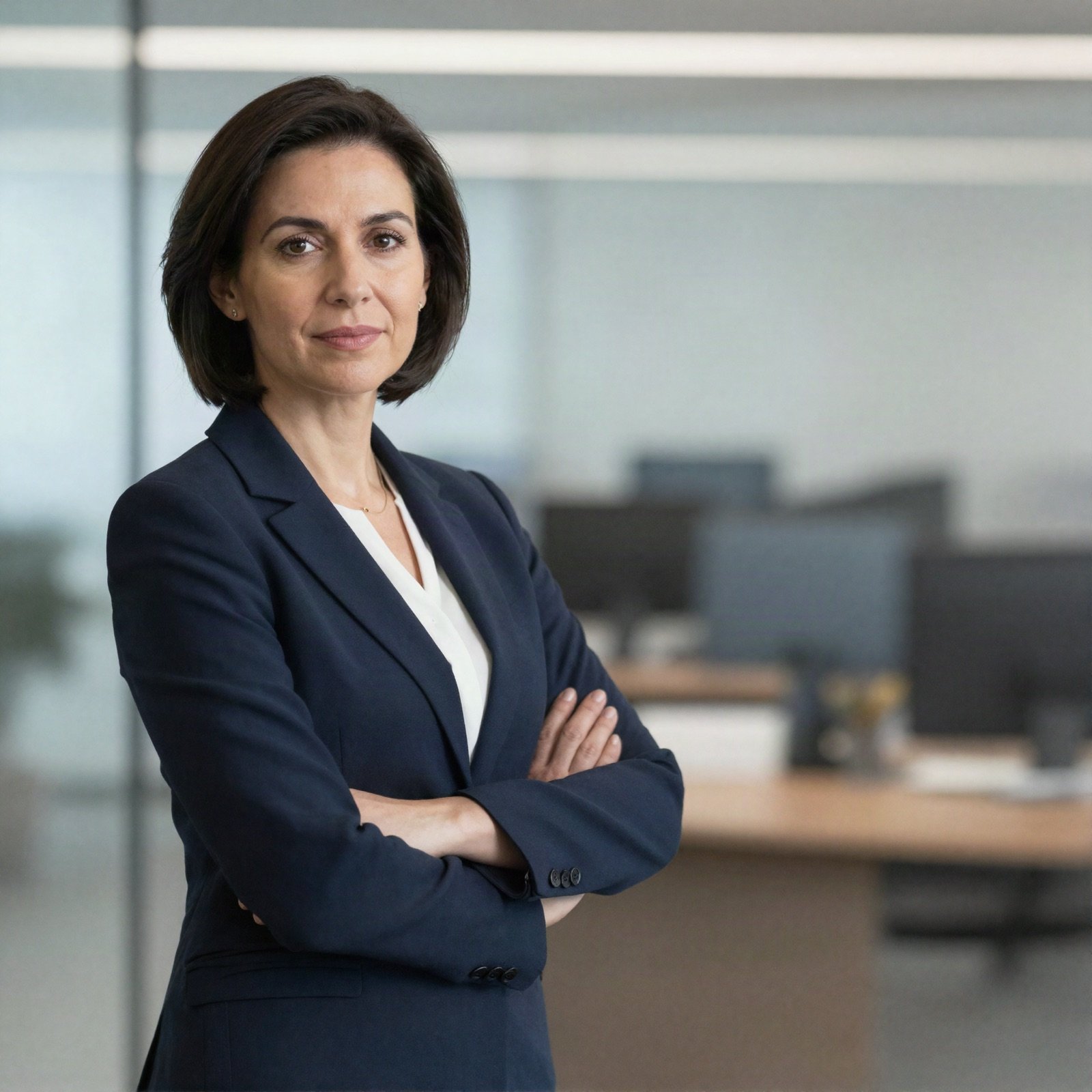 Editor-in-chief Maya Ezzeddine in a navy blazer in the newsroom