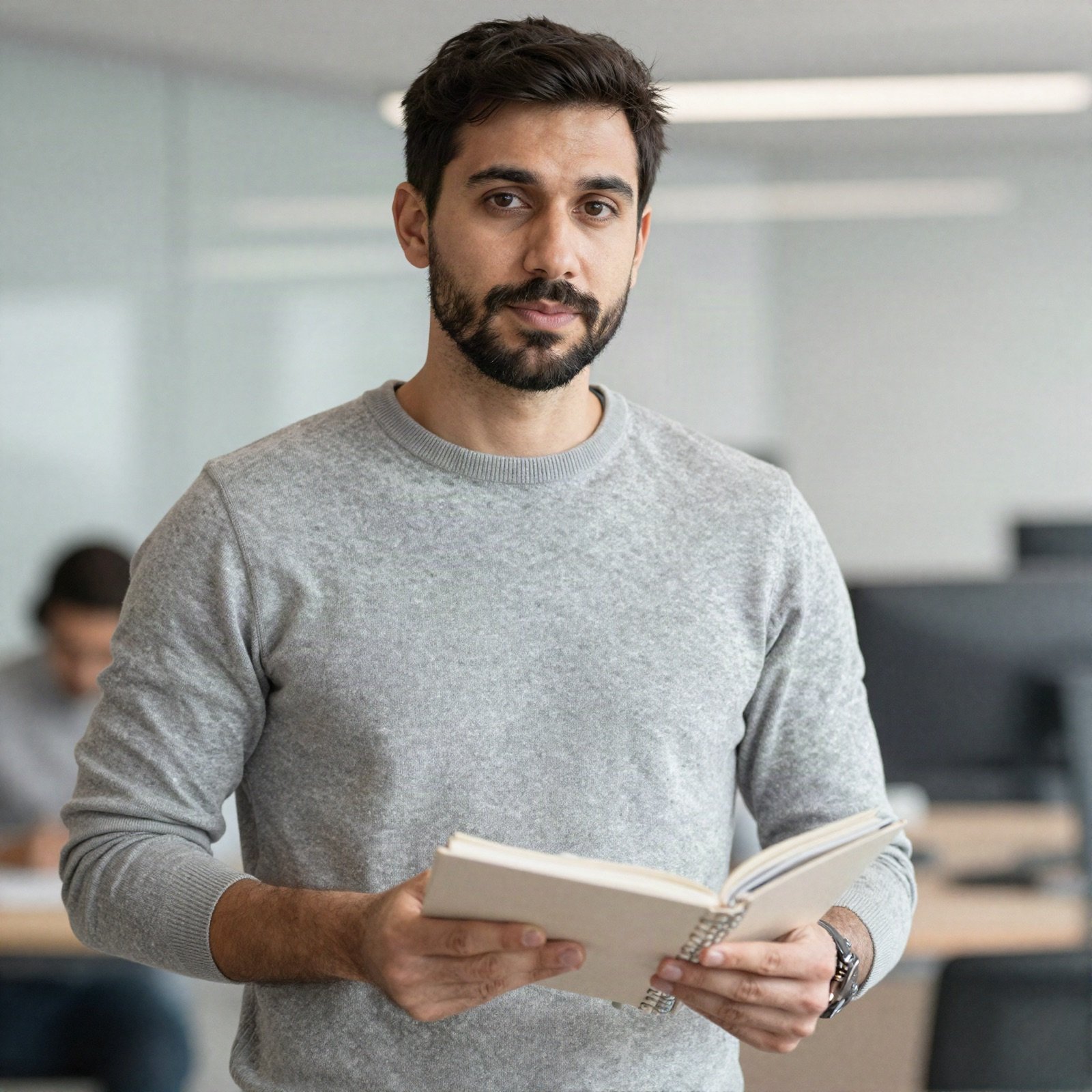 Senior reporter Tarek Nassar holding a notebook in the newsroom