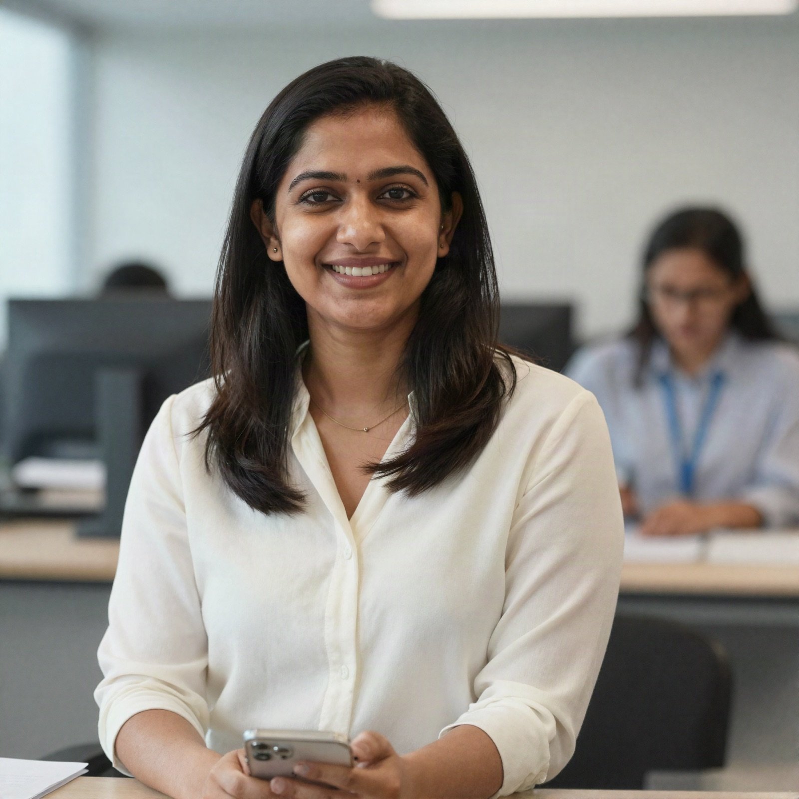 Features writer Bushra Ramadan smiling at her desk in the newsroom