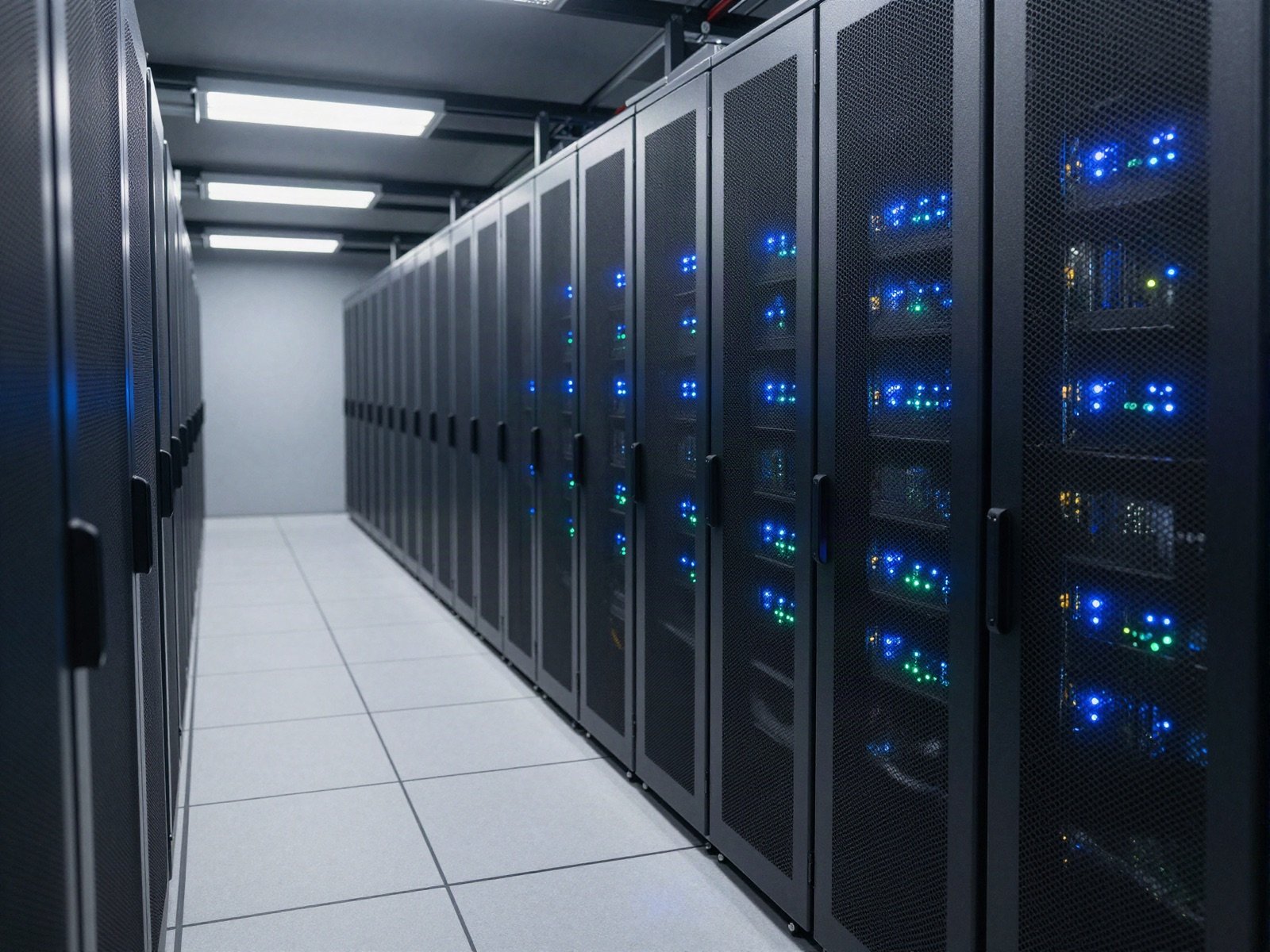 Rows of server racks with blue and green lights in a data centre