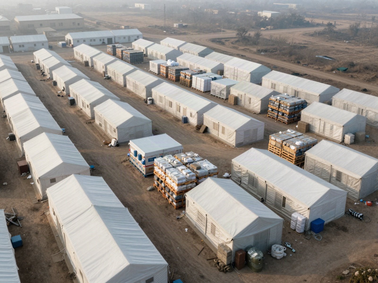 An aerial view of a relief camp with rows of white tents and supply pallets