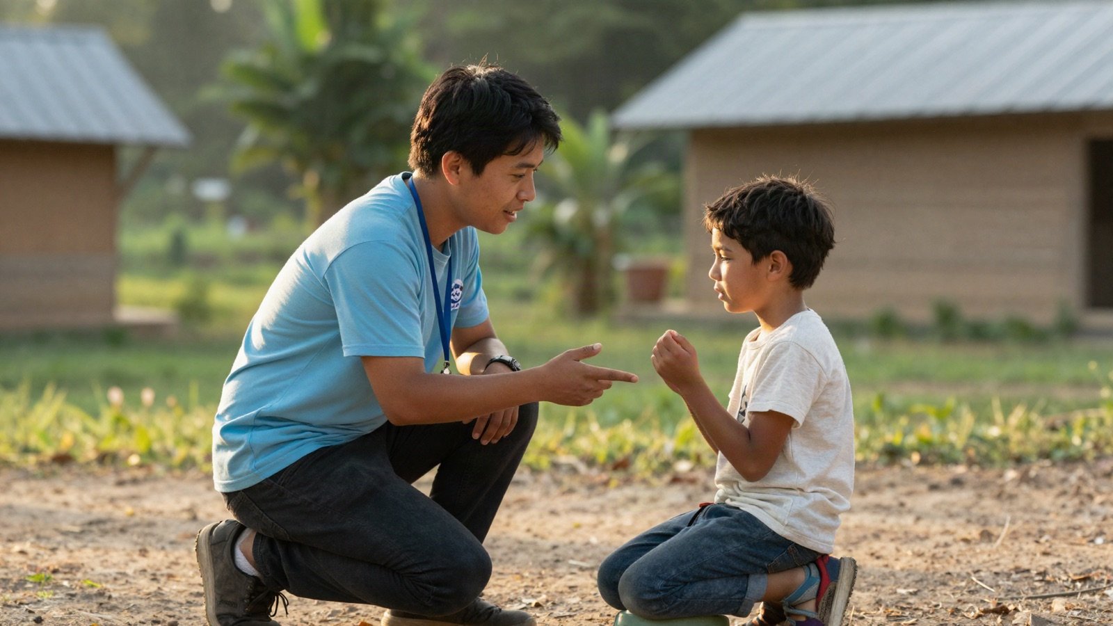 A volunteer kneeling to talk with a young boy outside village houses in the afternoon sun