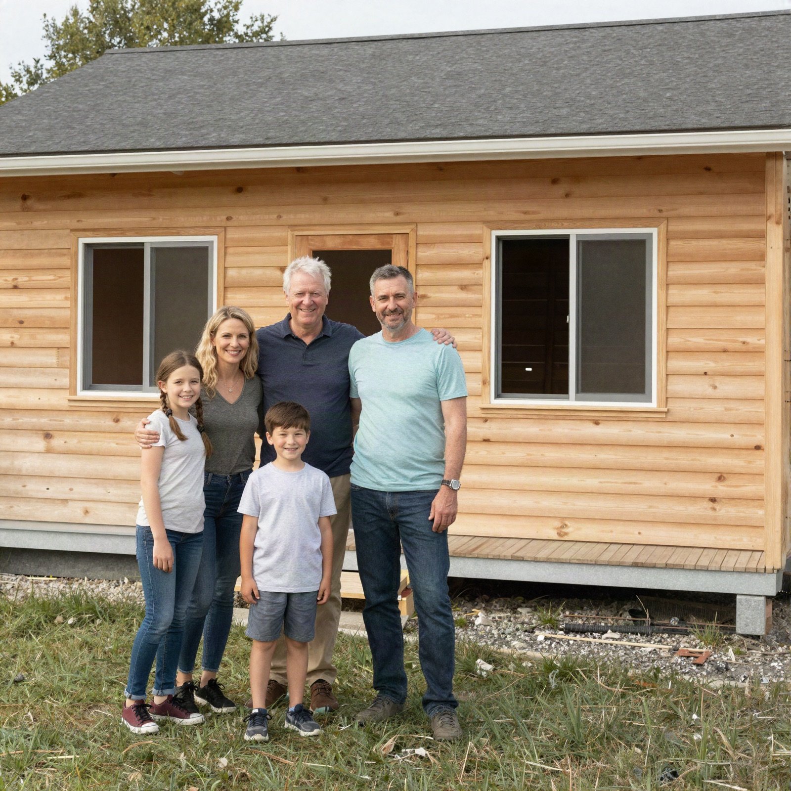 A family of five standing in front of their newly rebuilt wooden house