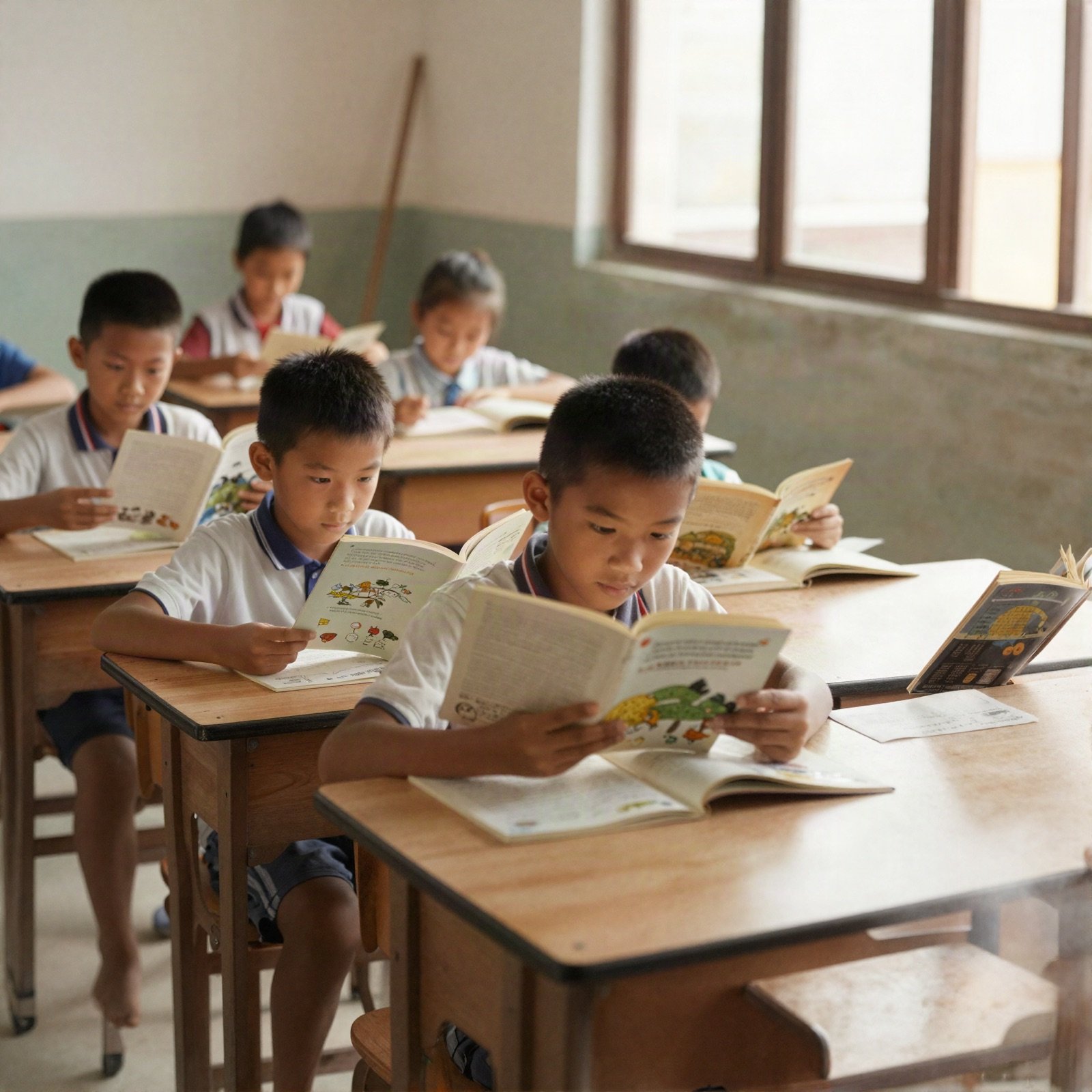 Children reading new books at their desks in a rural classroom