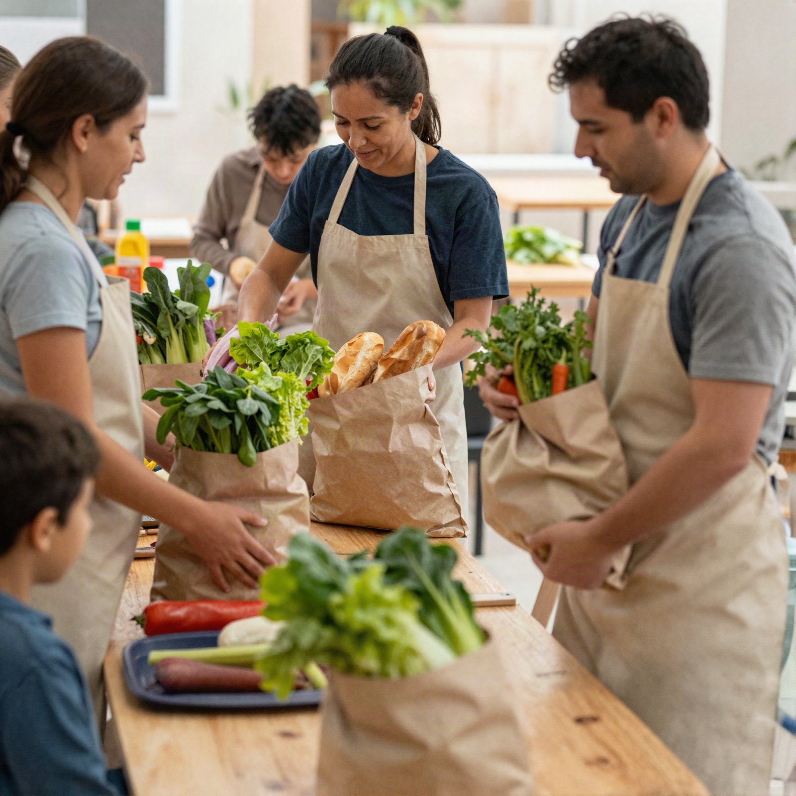Volunteers handing bags of vegetables and bread to families