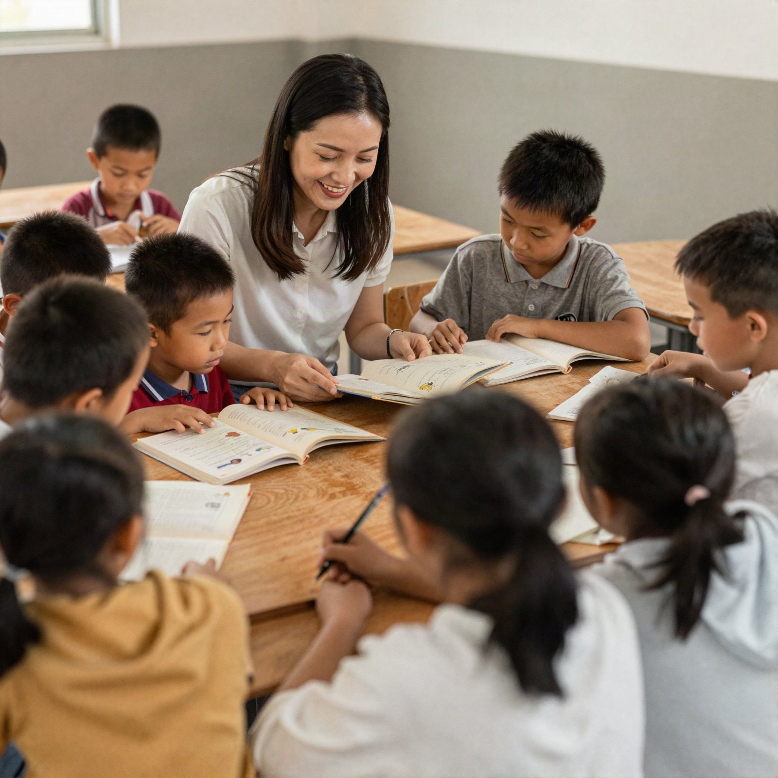 A teacher helping children read in a rural classroom